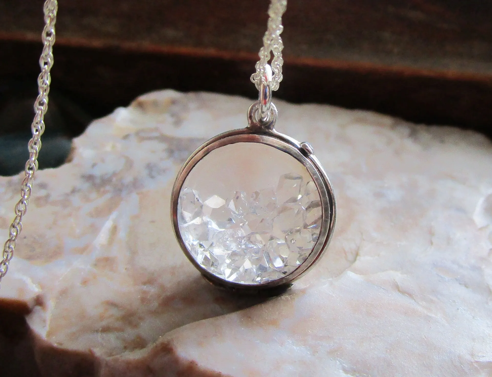 Sterling Silver Vintage Glass Bubble Locket Herkimer Diamonds Necklace