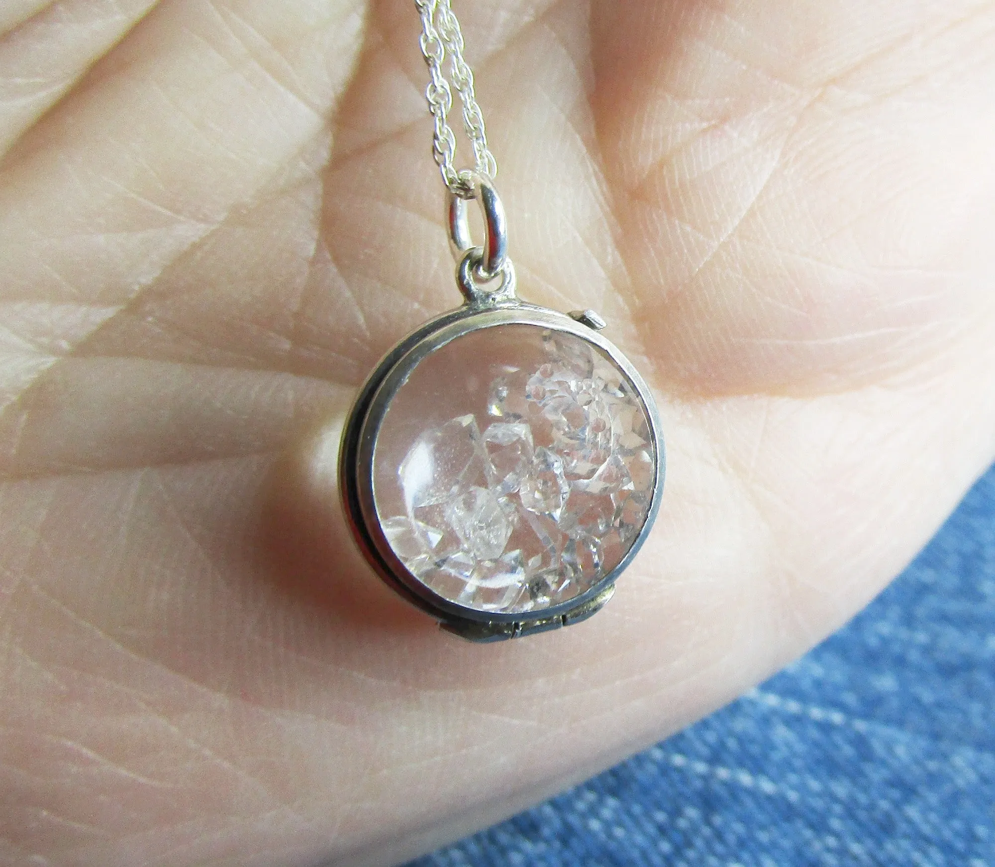 Sterling Silver Vintage Glass Bubble Locket Herkimer Diamonds Necklace