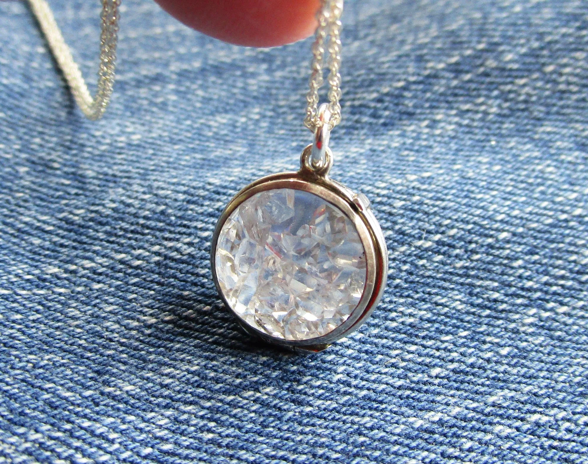 Sterling Silver Vintage Glass Bubble Locket Herkimer Diamonds Necklace