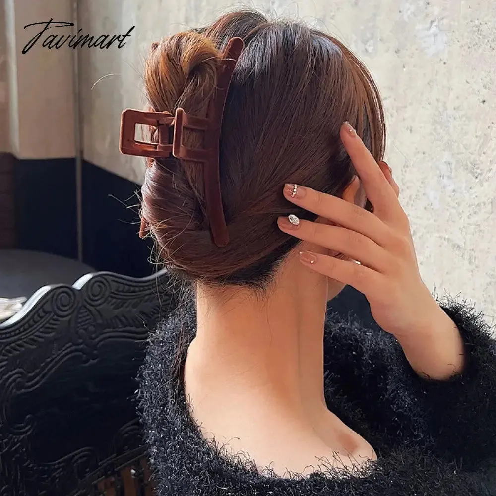 Tavimart Winter Vintage Flocking Hair Claw 13 cm Rectangle Hair Clip Women Girls Large Shark Clip Ponytail Claw Clip Elegant Barrette New