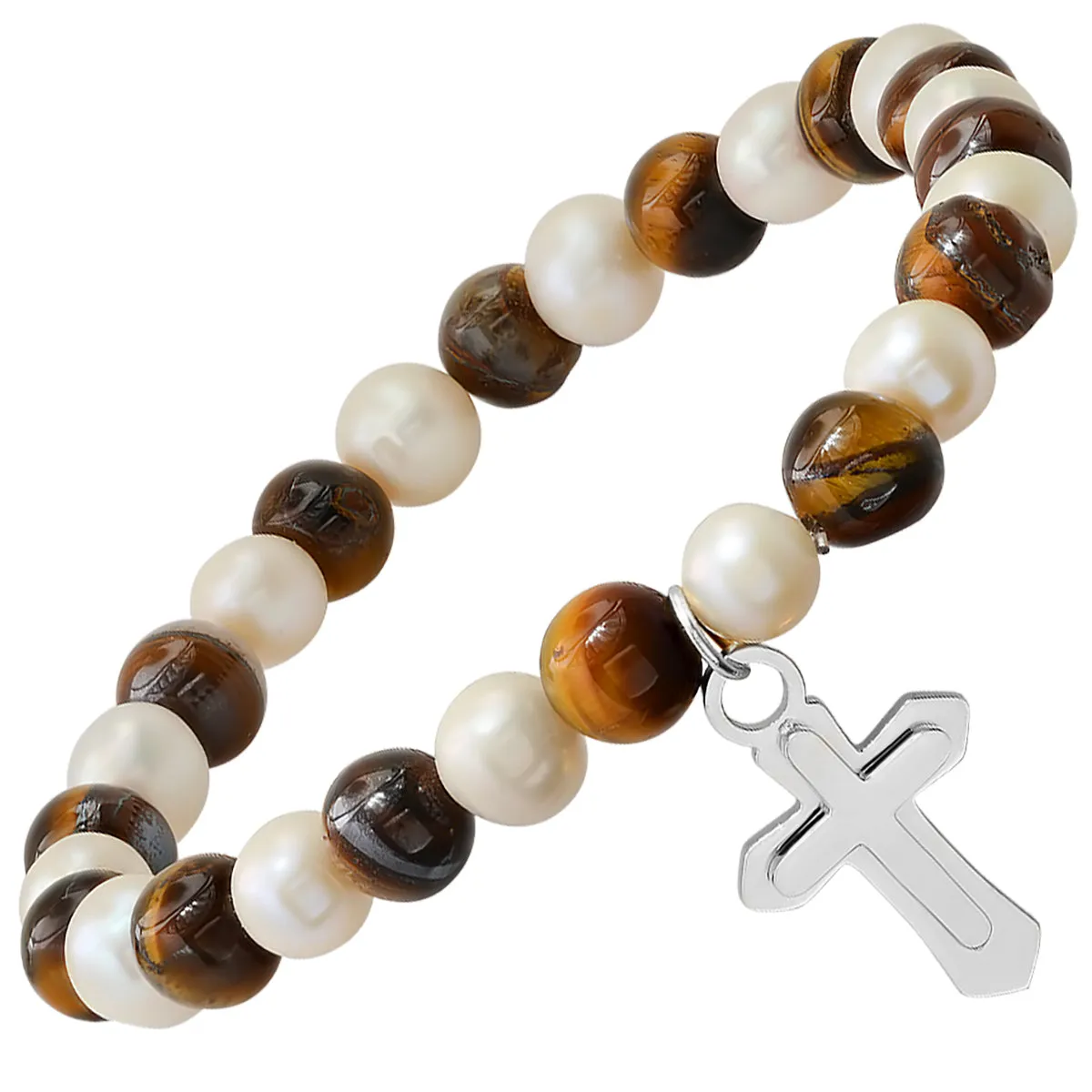 Tiger Eye   Pearl Stretch Bracelet w/ Gold Cross