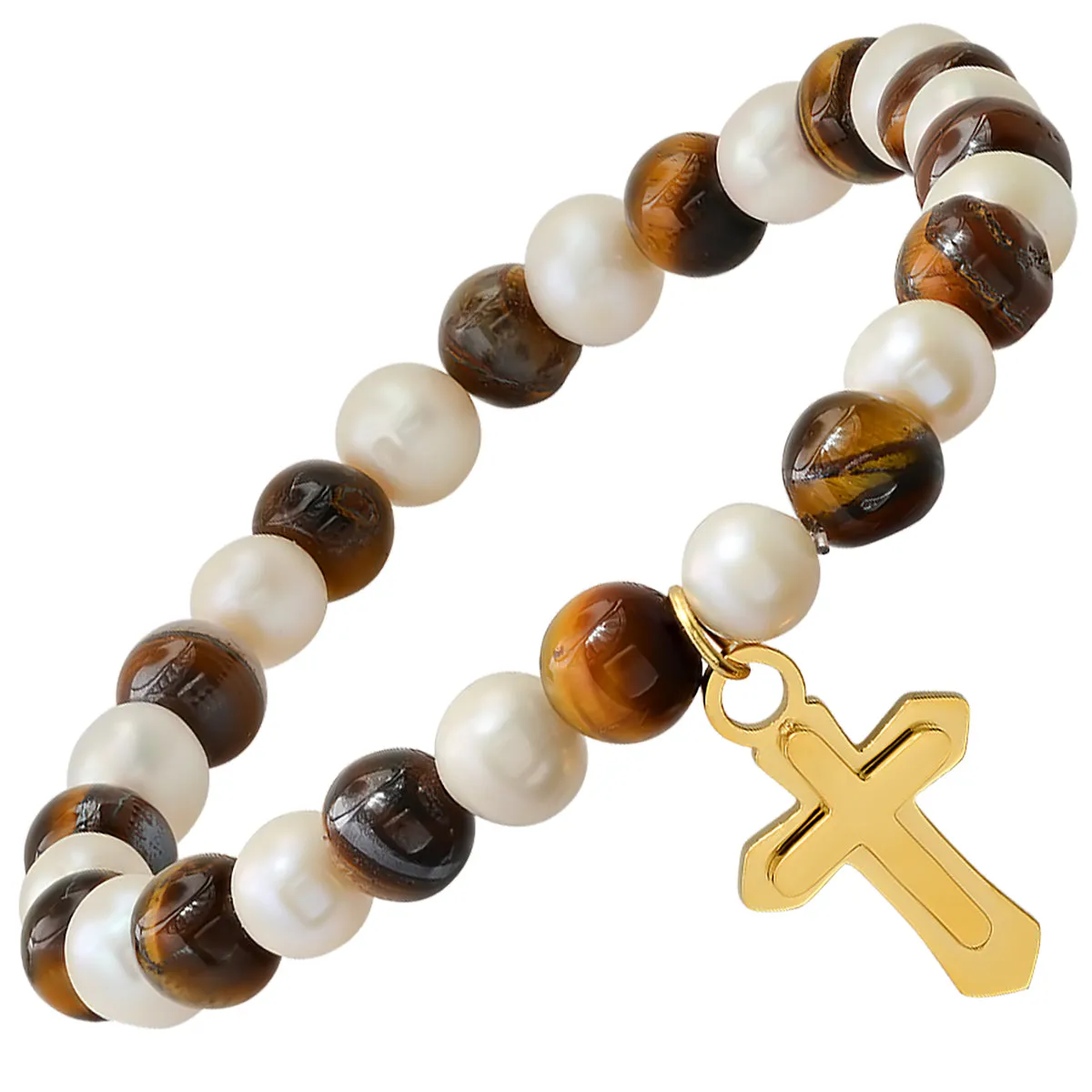 Tiger Eye   Pearl Stretch Bracelet w/ Gold Cross