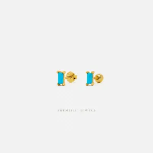 Tiny Turquoise Baguette Stud Earrings, Unisex, Gold, Silver SHEMISLI SS107 Butterfly End, SS456 Screw Ball End (Type A)