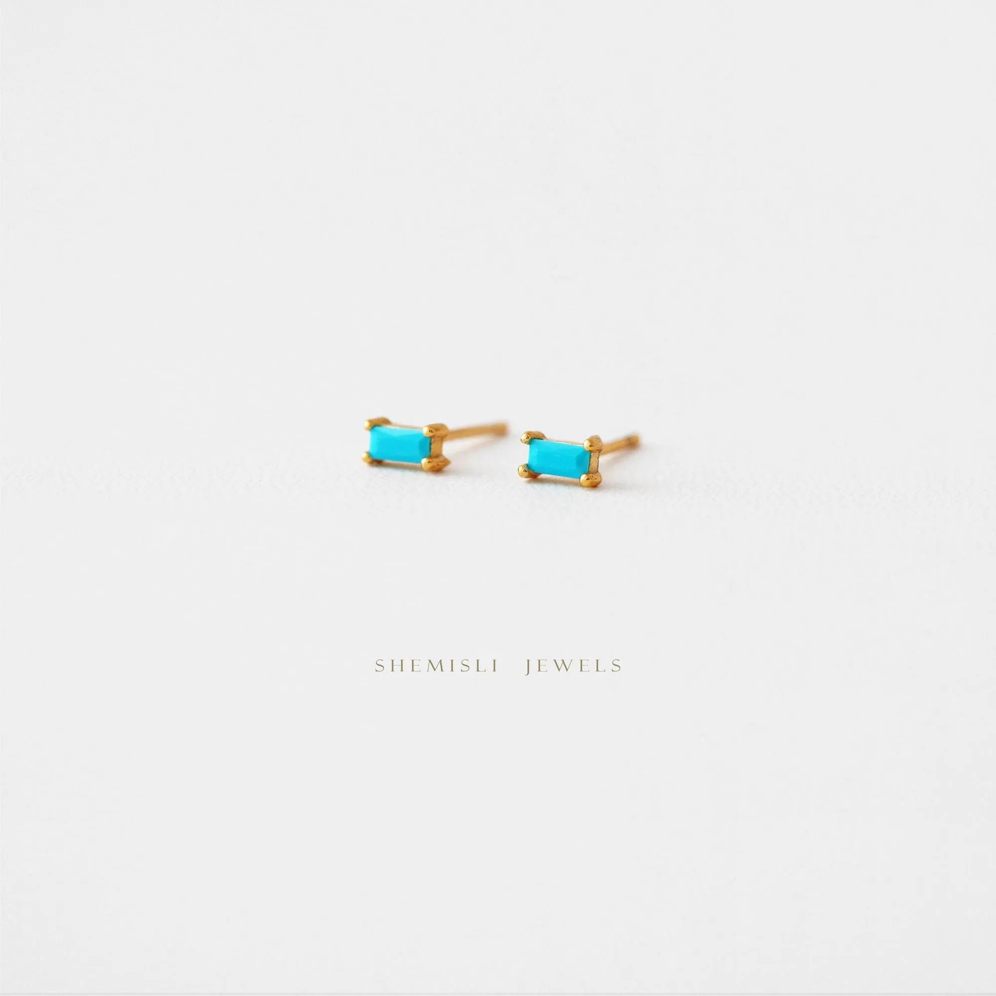 Tiny Turquoise Baguette Stud Earrings, Unisex, Gold, Silver SHEMISLI SS107 Butterfly End, SS456 Screw Ball End (Type A)