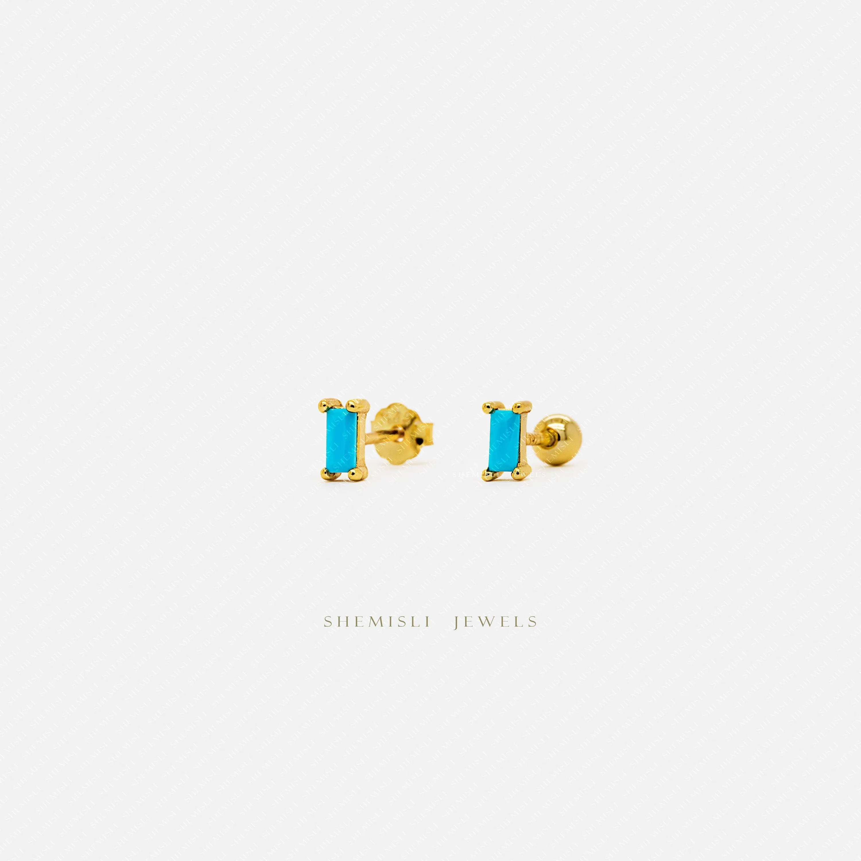 Tiny Turquoise Baguette Stud Earrings, Unisex, Gold, Silver SHEMISLI SS107 Butterfly End, SS456 Screw Ball End (Type A)