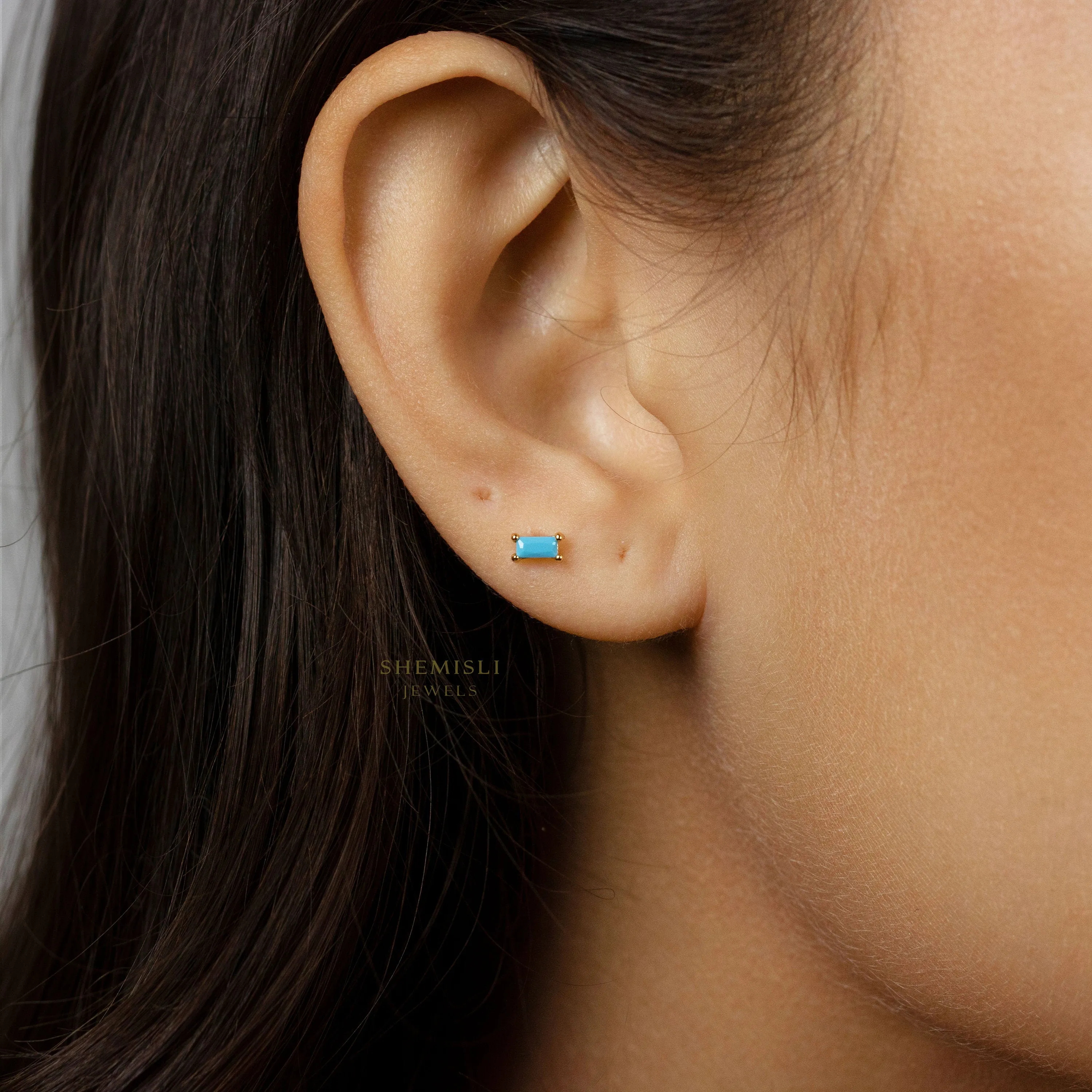 Tiny Turquoise Baguette Stud Earrings, Unisex, Gold, Silver SHEMISLI SS107 Butterfly End, SS456 Screw Ball End (Type A)