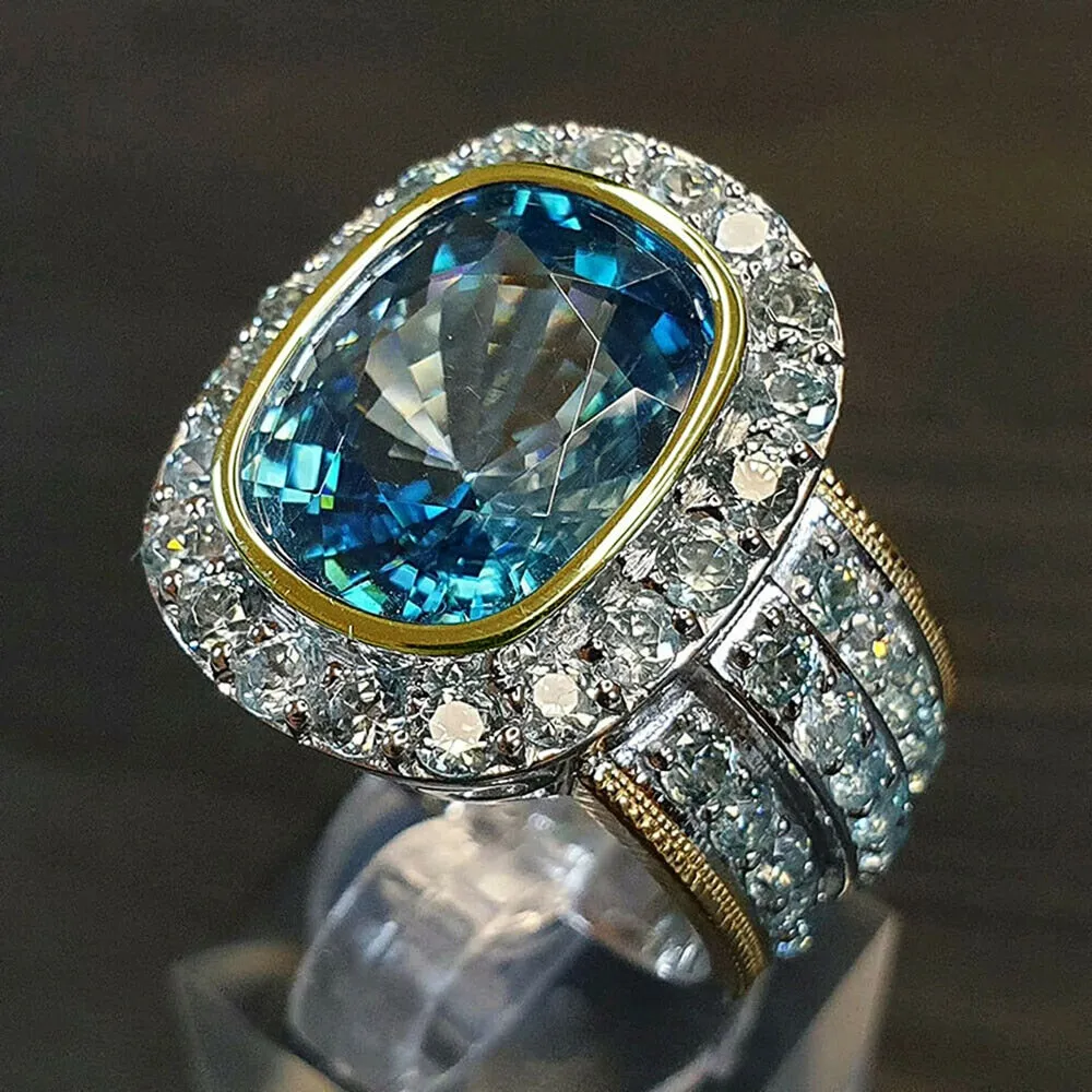 Trendy Jewelry Two Tone SkyBlue Oval Cut Cubic Zircon Cocktail Ring for Women