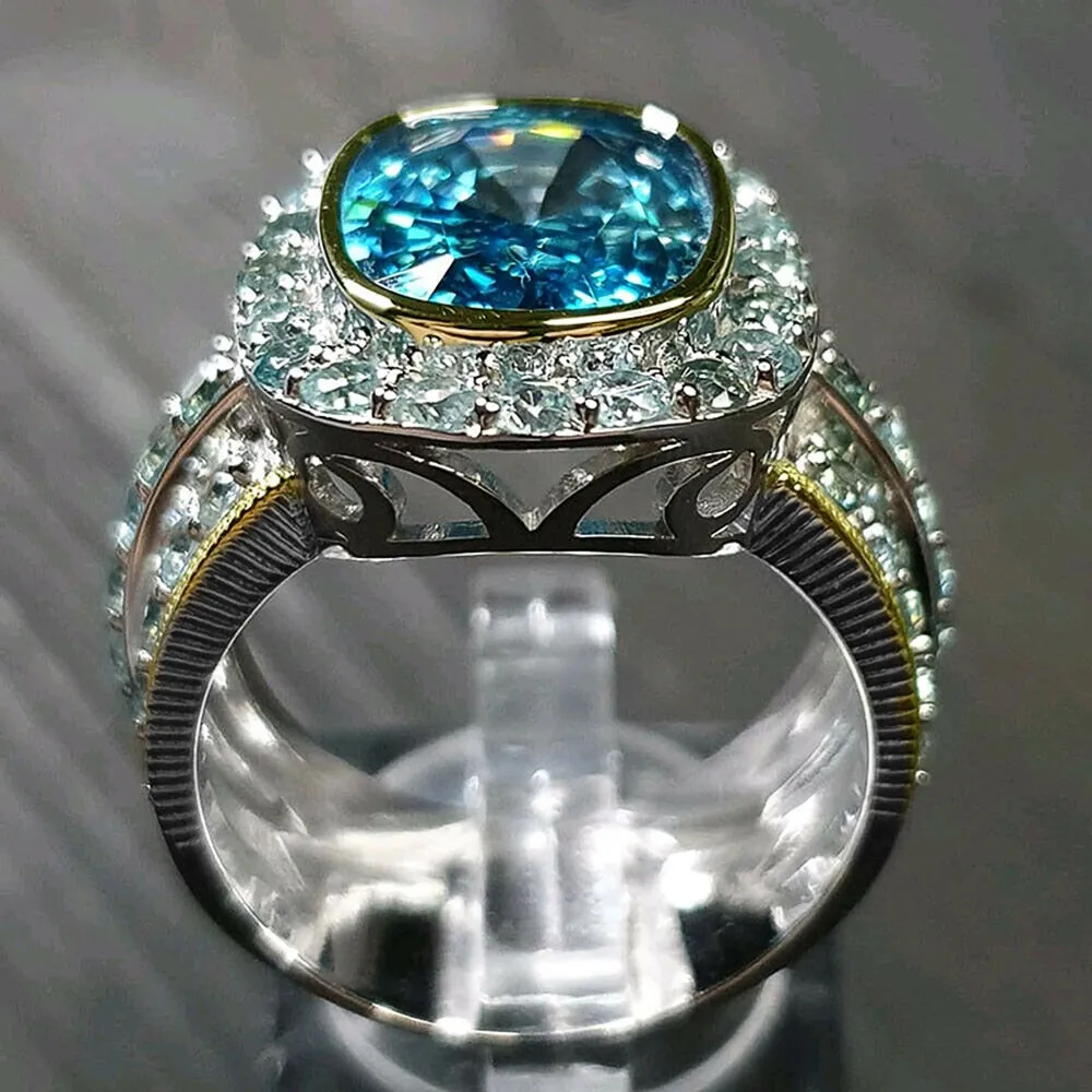 Trendy Jewelry Two Tone SkyBlue Oval Cut Cubic Zircon Cocktail Ring for Women