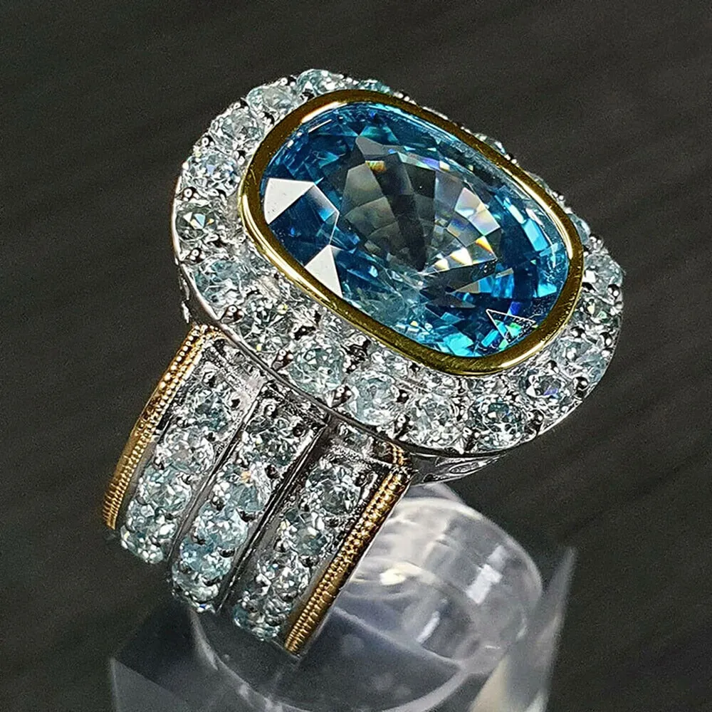 Trendy Jewelry Two Tone SkyBlue Oval Cut Cubic Zircon Cocktail Ring for Women