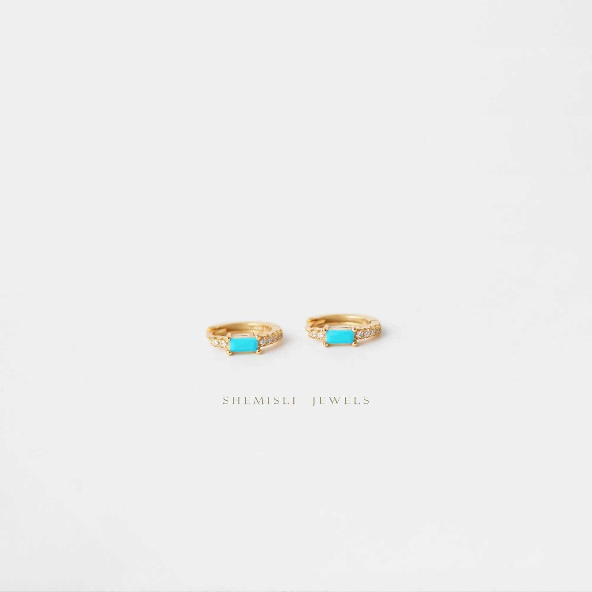 Turquoise Baguette CZ Hoops, Unisex, Gold, Silver SHEMISLI - SH212