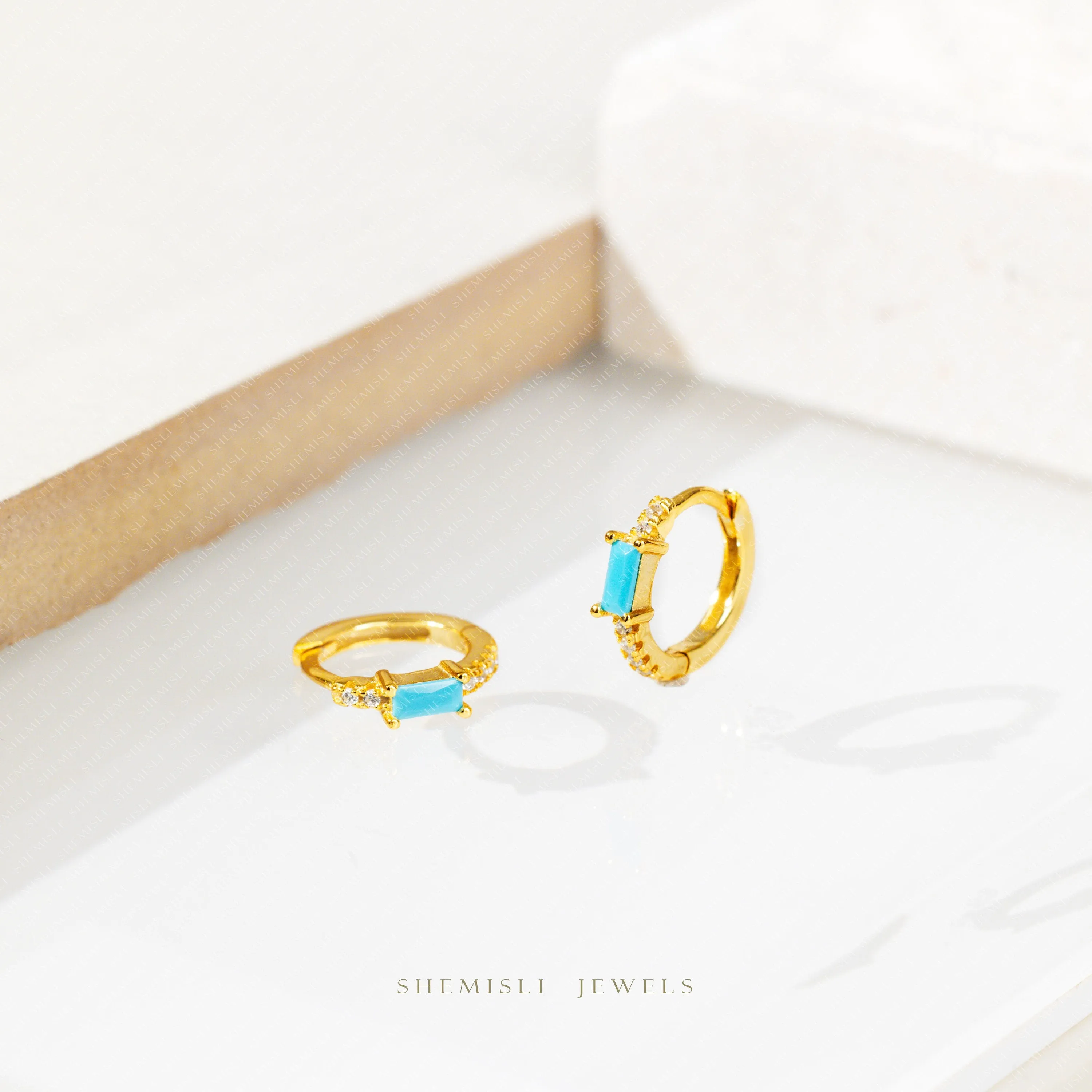 Turquoise Baguette CZ Hoops, Unisex, Gold, Silver SHEMISLI - SH212