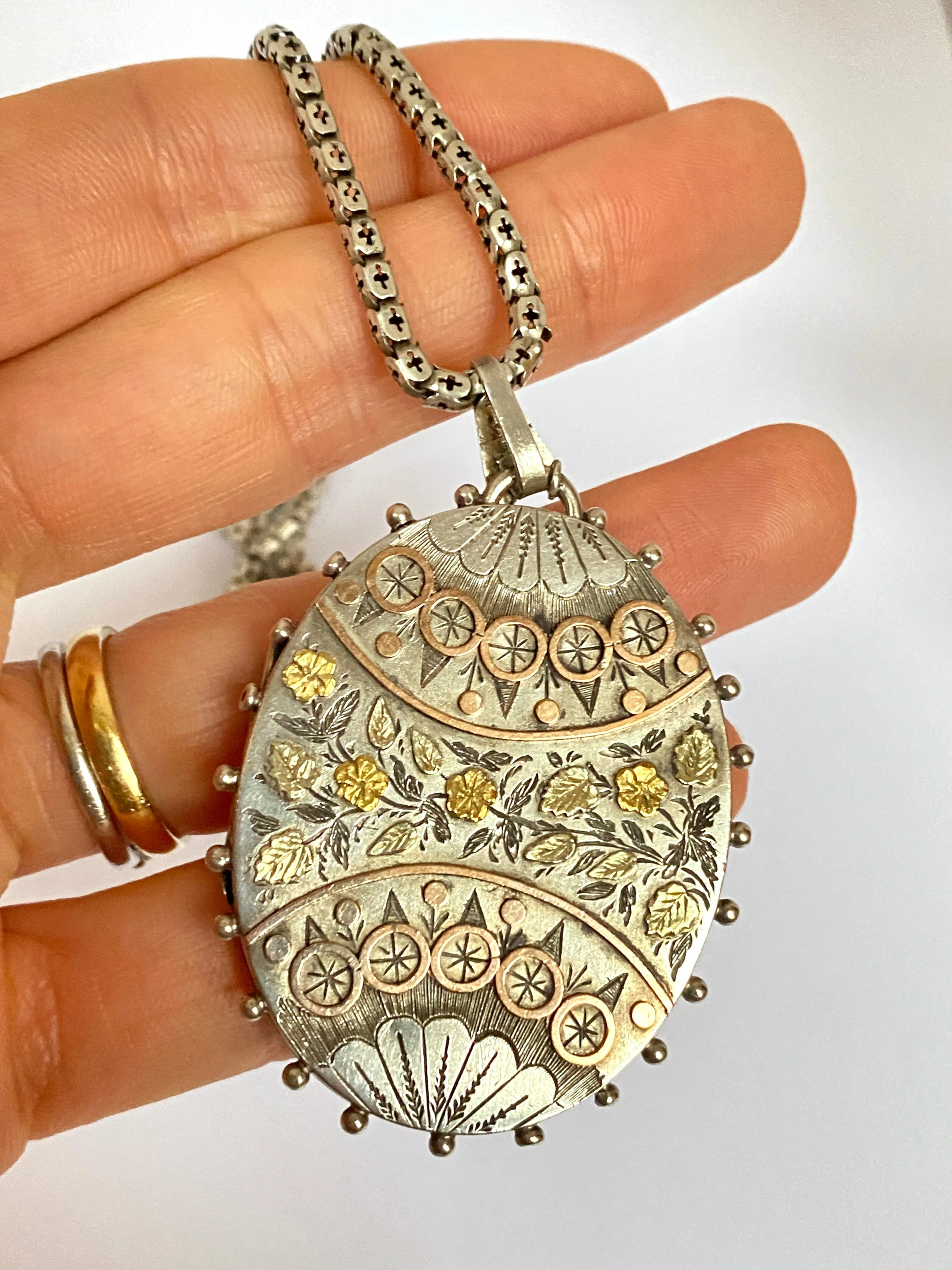 Victorian 9ct Rose, Yellow and Green Gold & Sterling Silver Flower Locket, Hallmarked for Birmingham 1862. (29.55g)