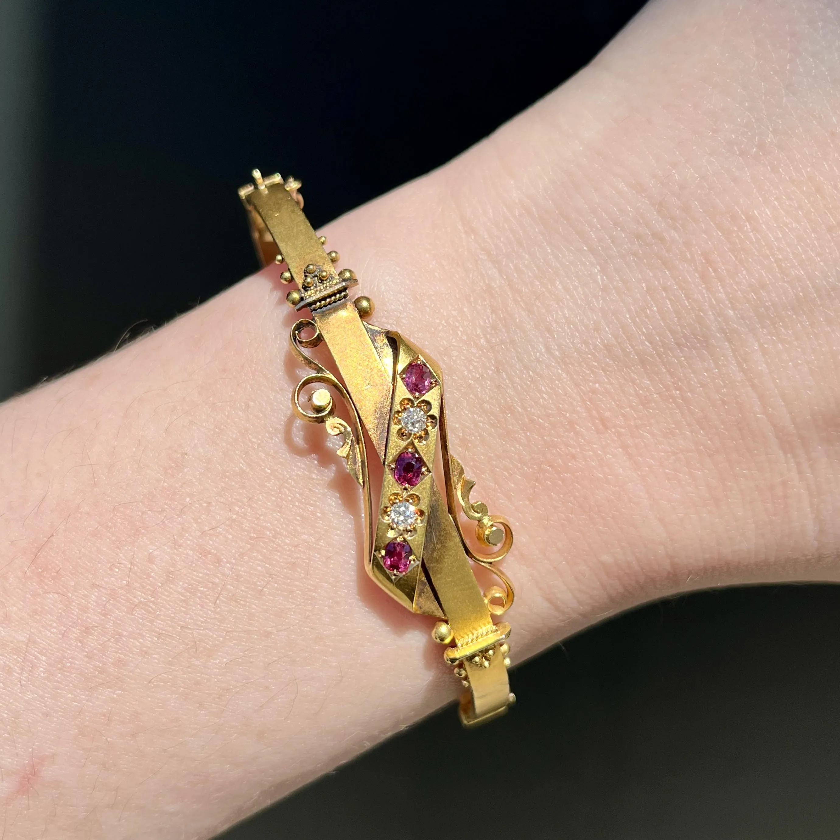 Victorian Etruscan Revival Diamond and Ruby Bangle Bracelet