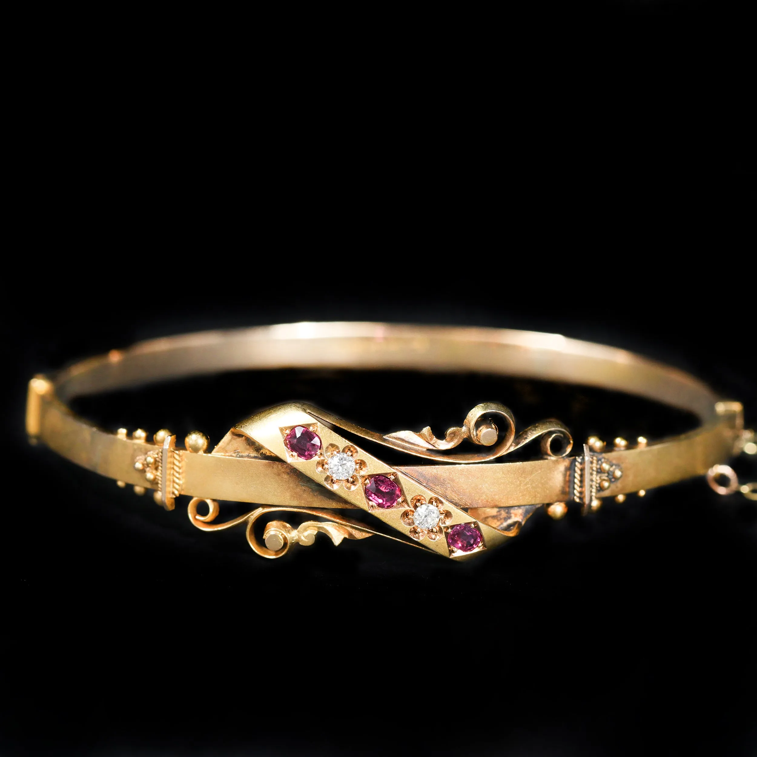 Victorian Etruscan Revival Diamond and Ruby Bangle Bracelet