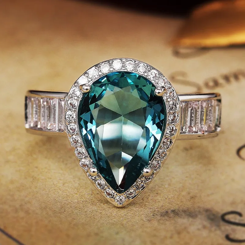 Victorian Jewelry Luxury Blue Pear Cut Cubic Zircon Cocktail Ring for Women