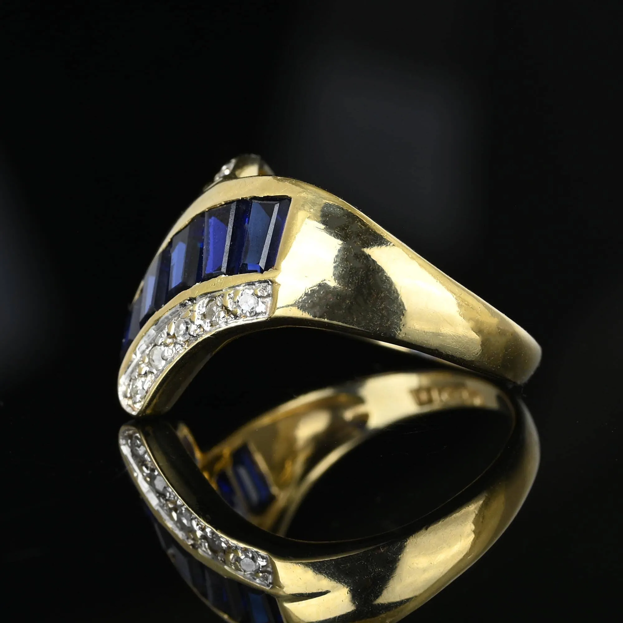 Vintage 14K Gold Diamond Baguette Sapphire Cocktail Ring