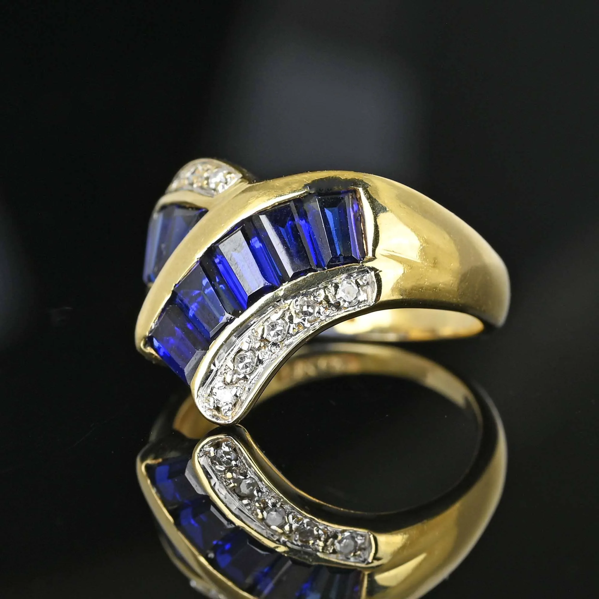 Vintage 14K Gold Diamond Baguette Sapphire Cocktail Ring