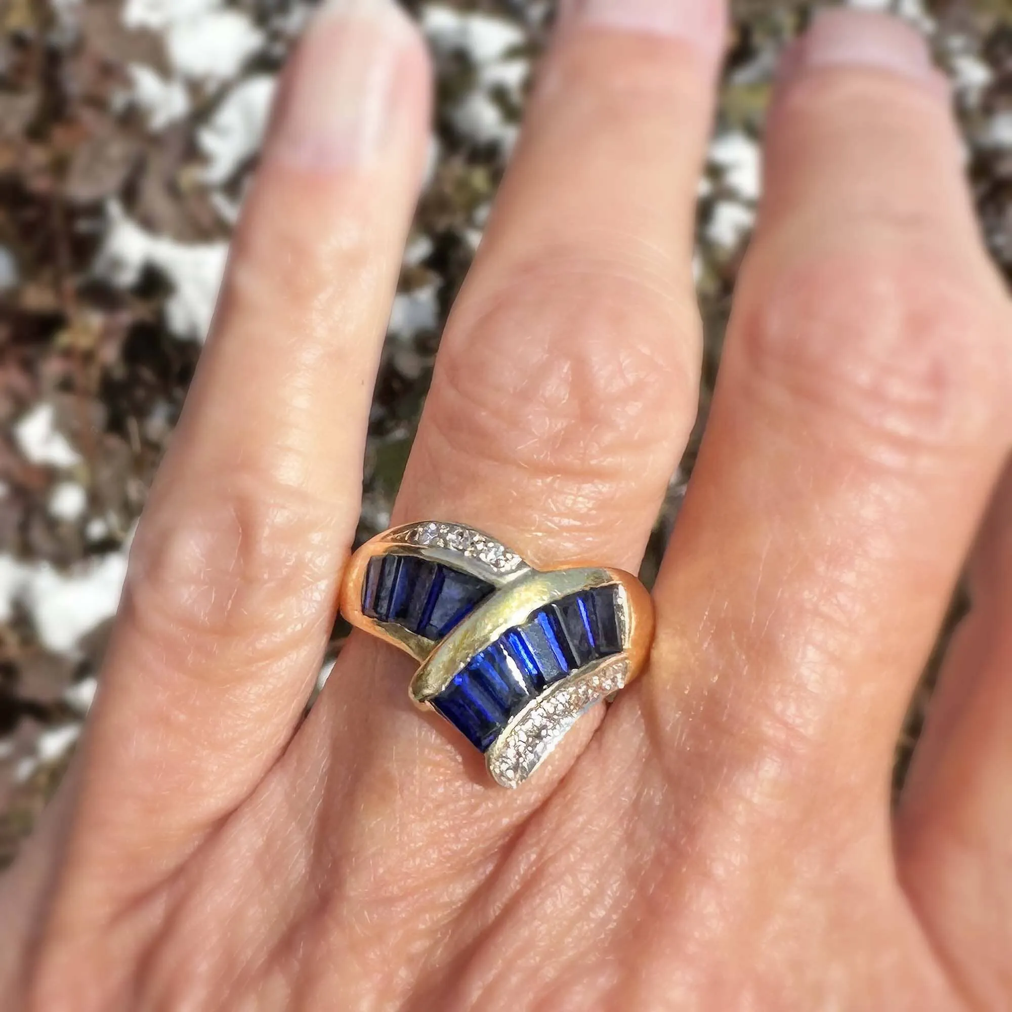 Vintage 14K Gold Diamond Baguette Sapphire Cocktail Ring