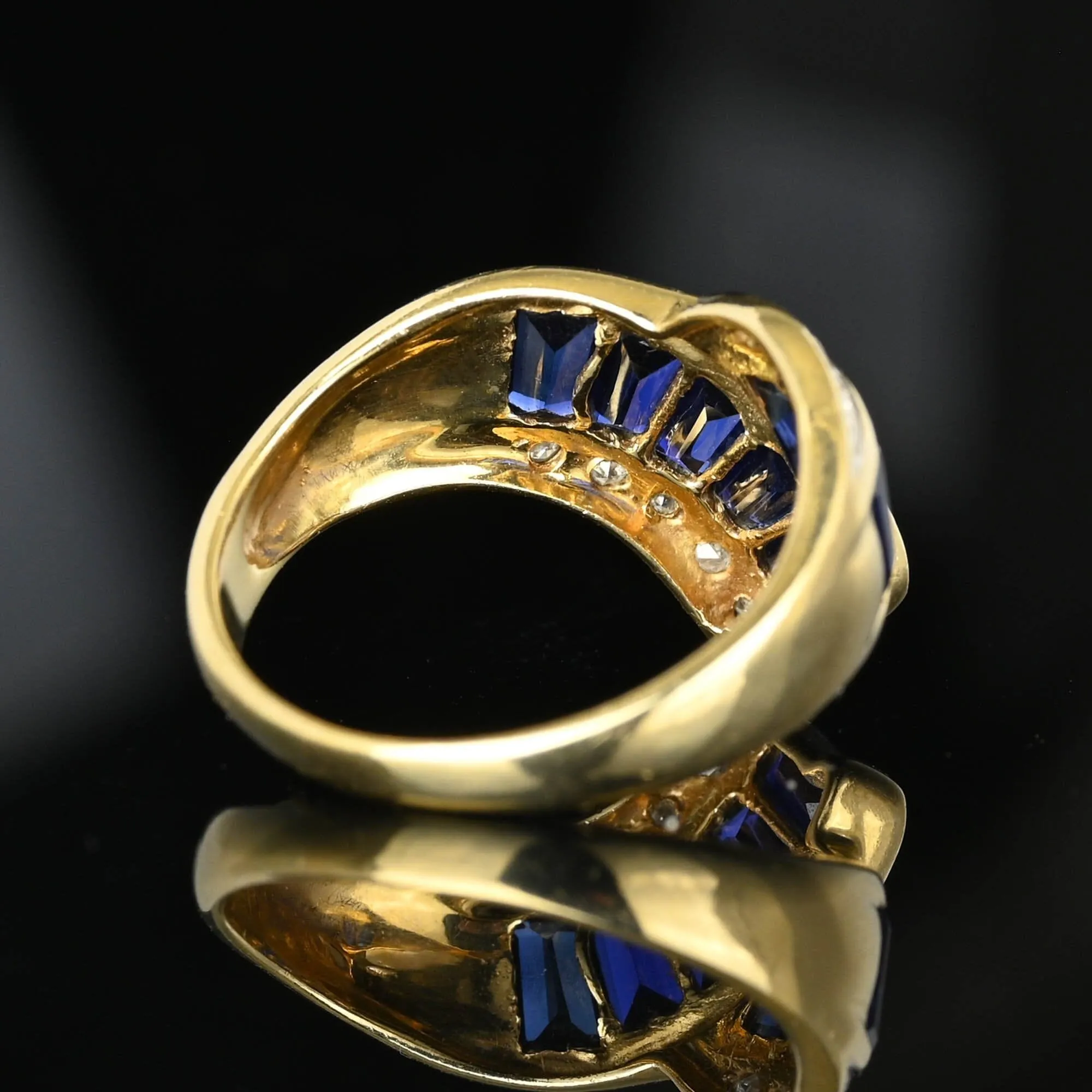 Vintage 14K Gold Diamond Baguette Sapphire Cocktail Ring