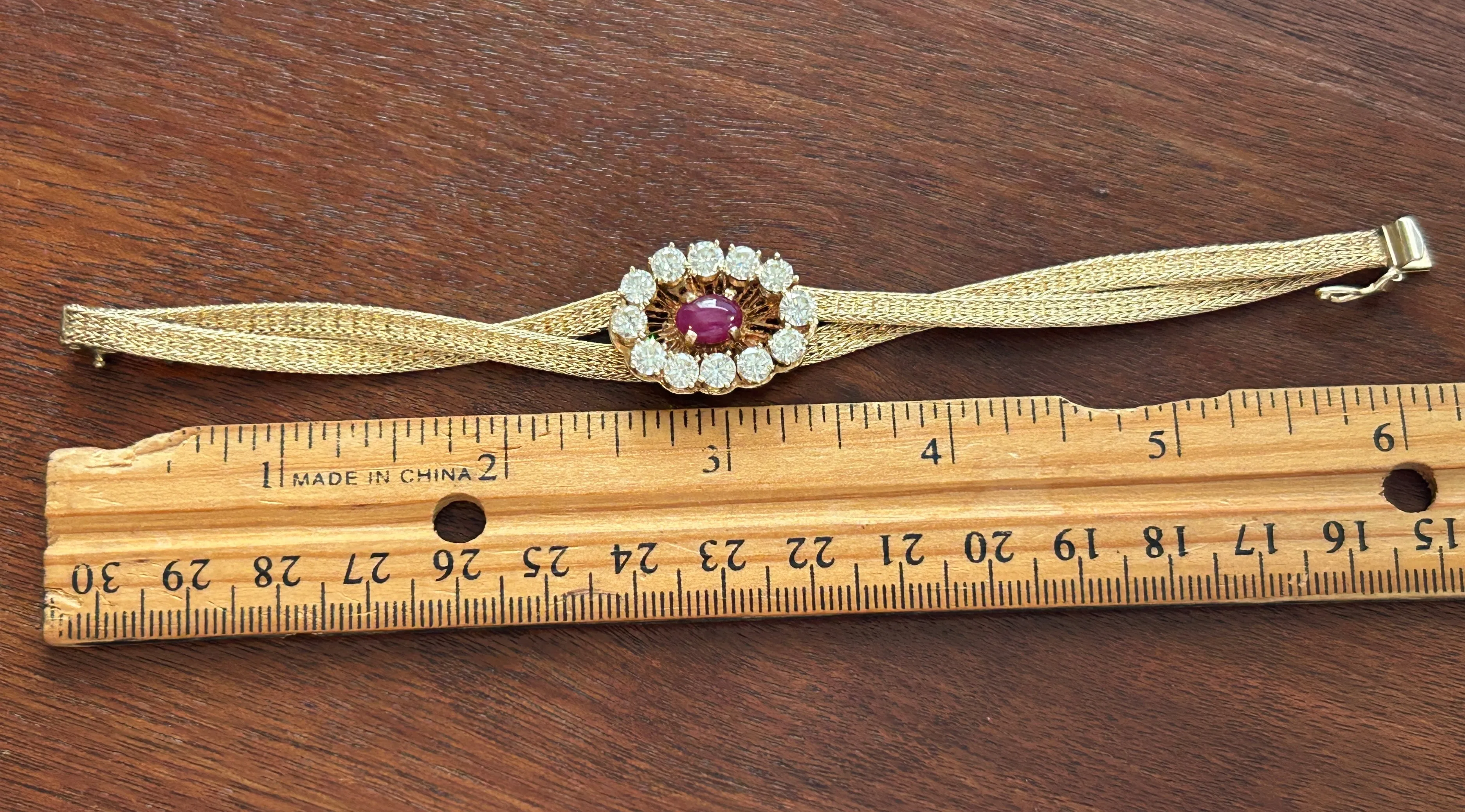 Vintage 14k Yellow Gold 3ctw Diamond Ox Blood Ruby Cabochon Mesh Bracelet