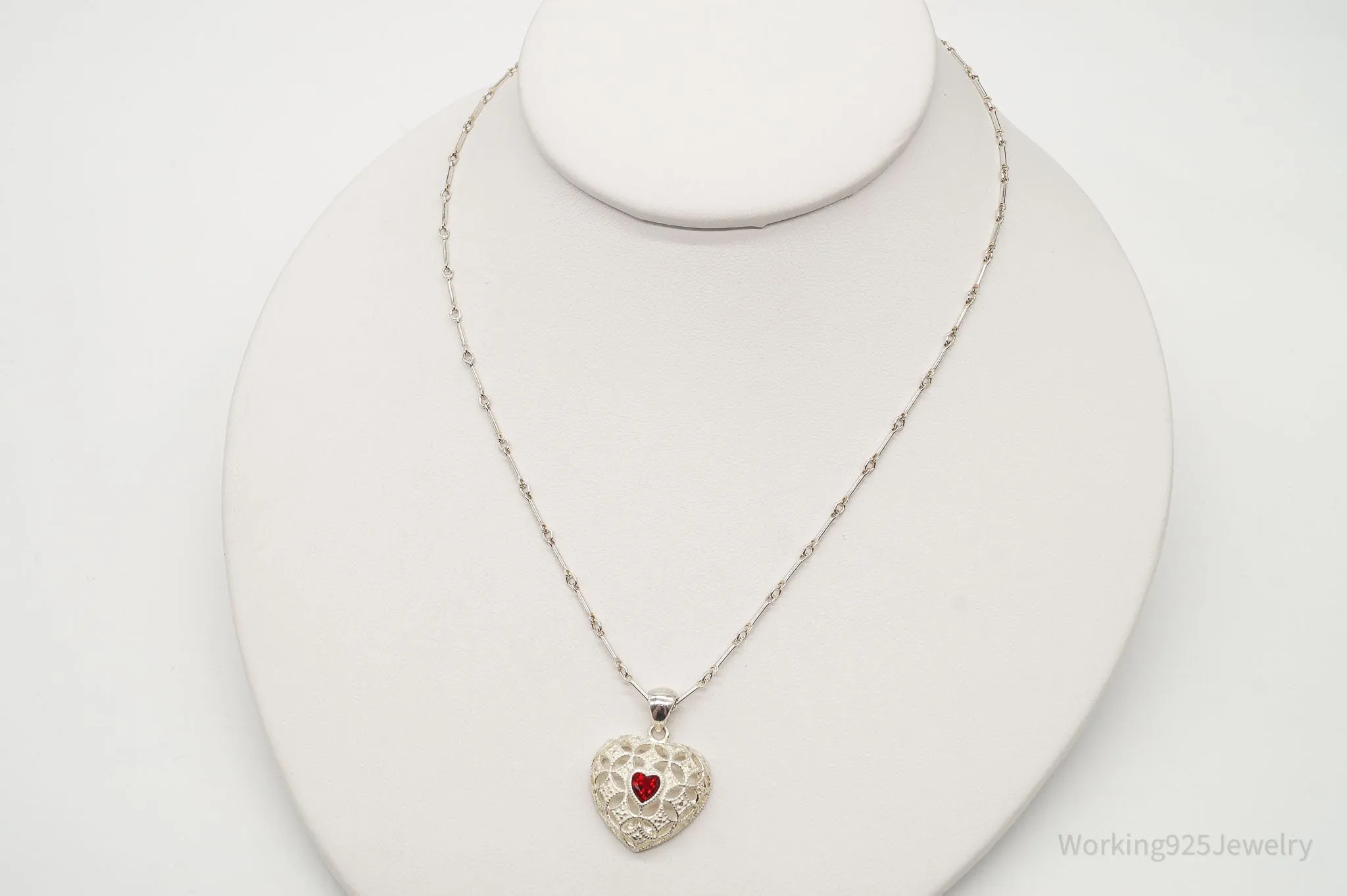 Vintage Avon Garnet Heart Sterling Silver Necklace