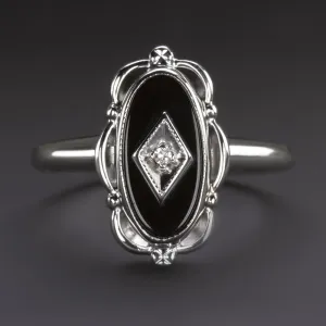 VINTAGE COCKTAIL RING DIAMOND OVAL BLACK ONYX WHITE GOLD FILIGREE ART DECO ERA