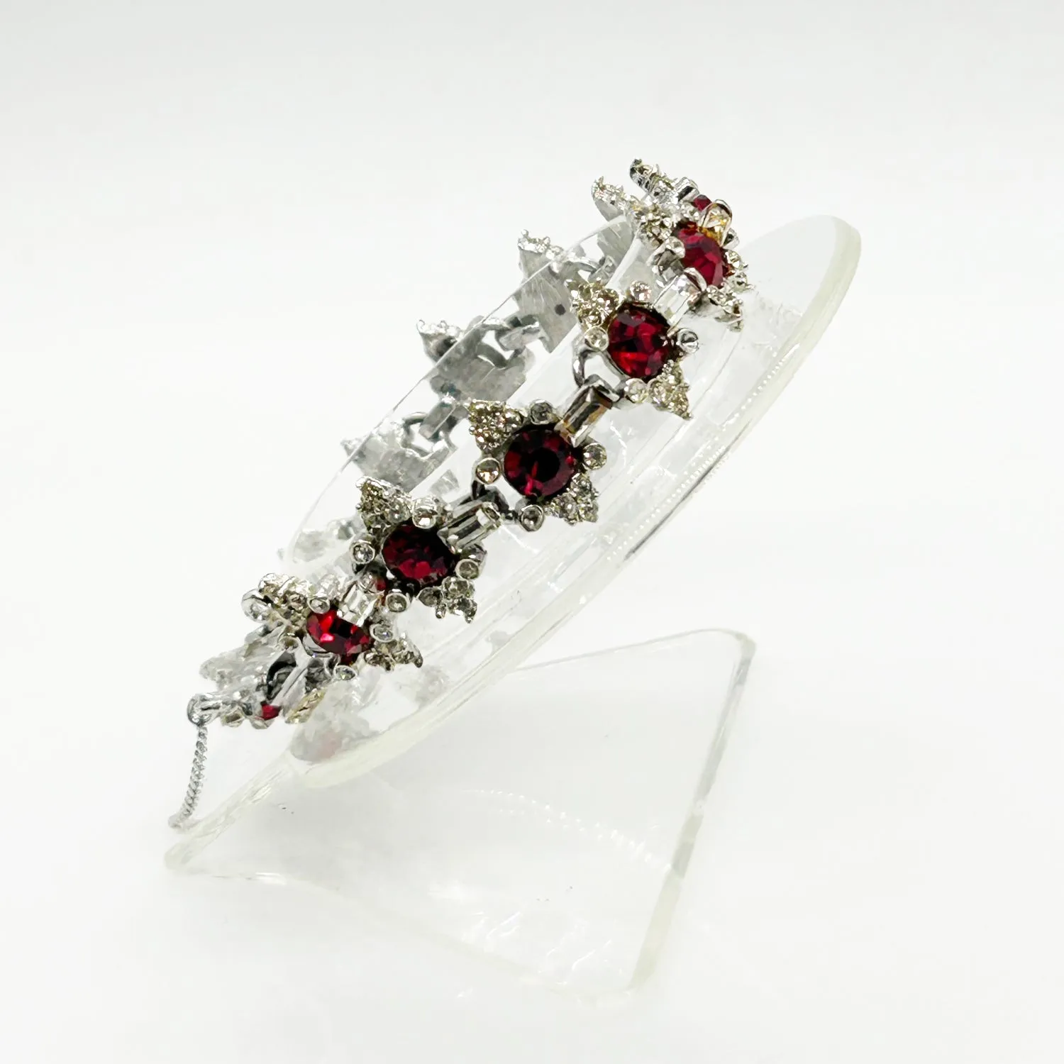 Vintage Deep Ruby Royal Red and White Rhinestone Bracelet