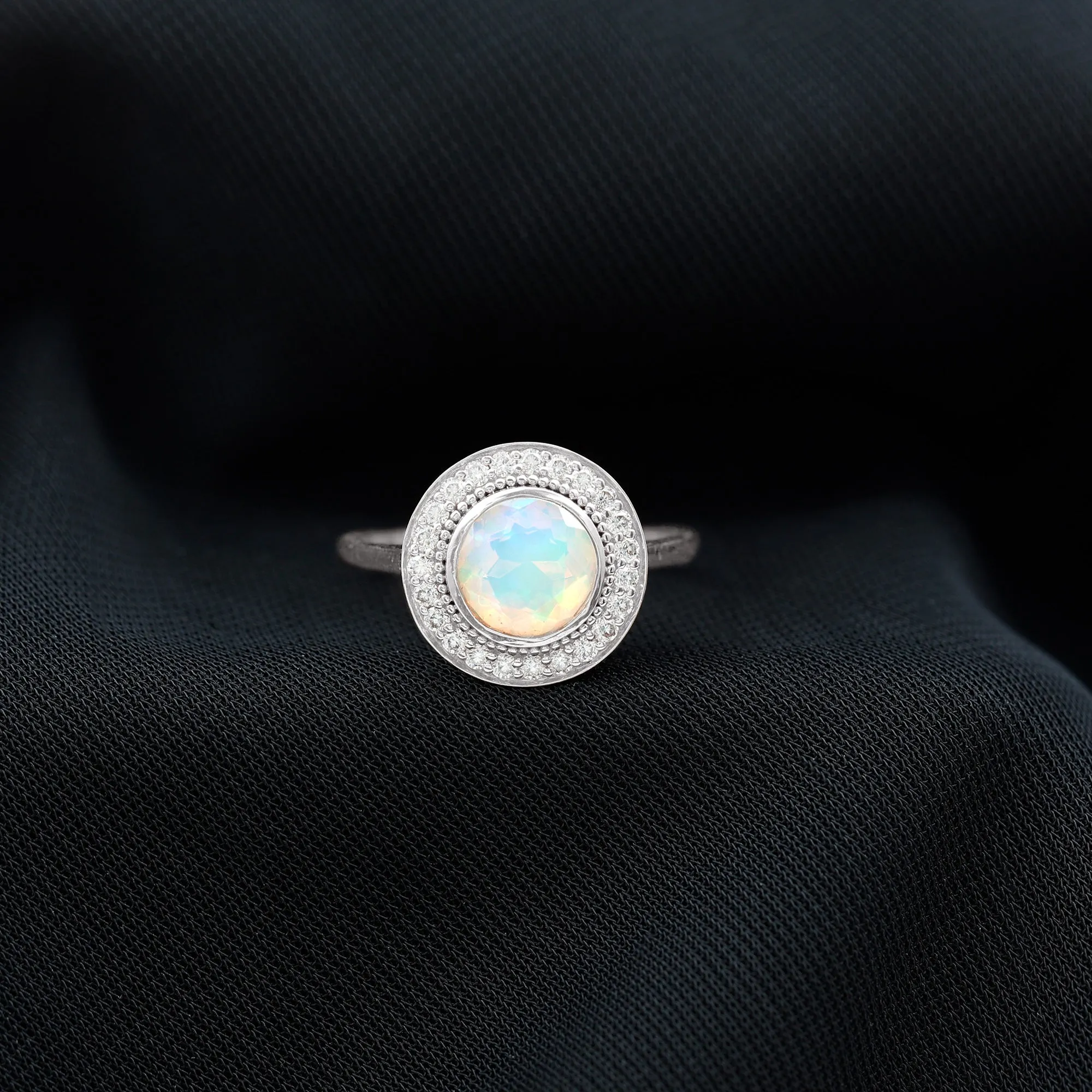 Vintage Inspired Ethiopian Opal Engagement Ring with Diamond Halo