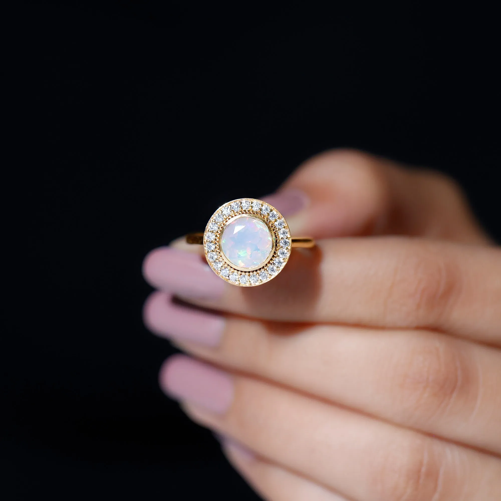 Vintage Inspired Ethiopian Opal Engagement Ring with Diamond Halo