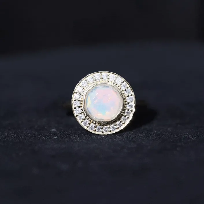 Vintage Inspired Ethiopian Opal Engagement Ring with Diamond Halo