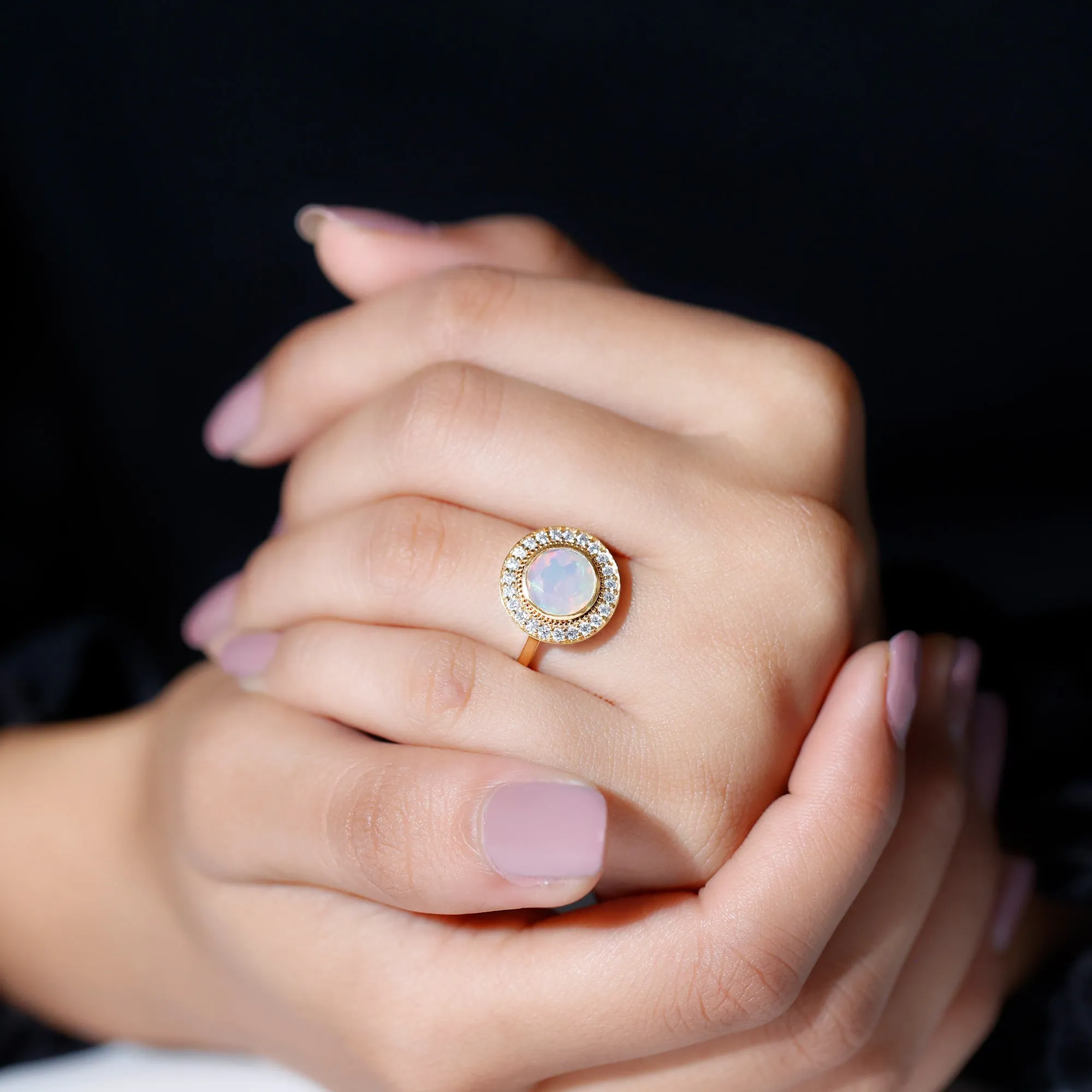 Vintage Inspired Ethiopian Opal Engagement Ring with Diamond Halo