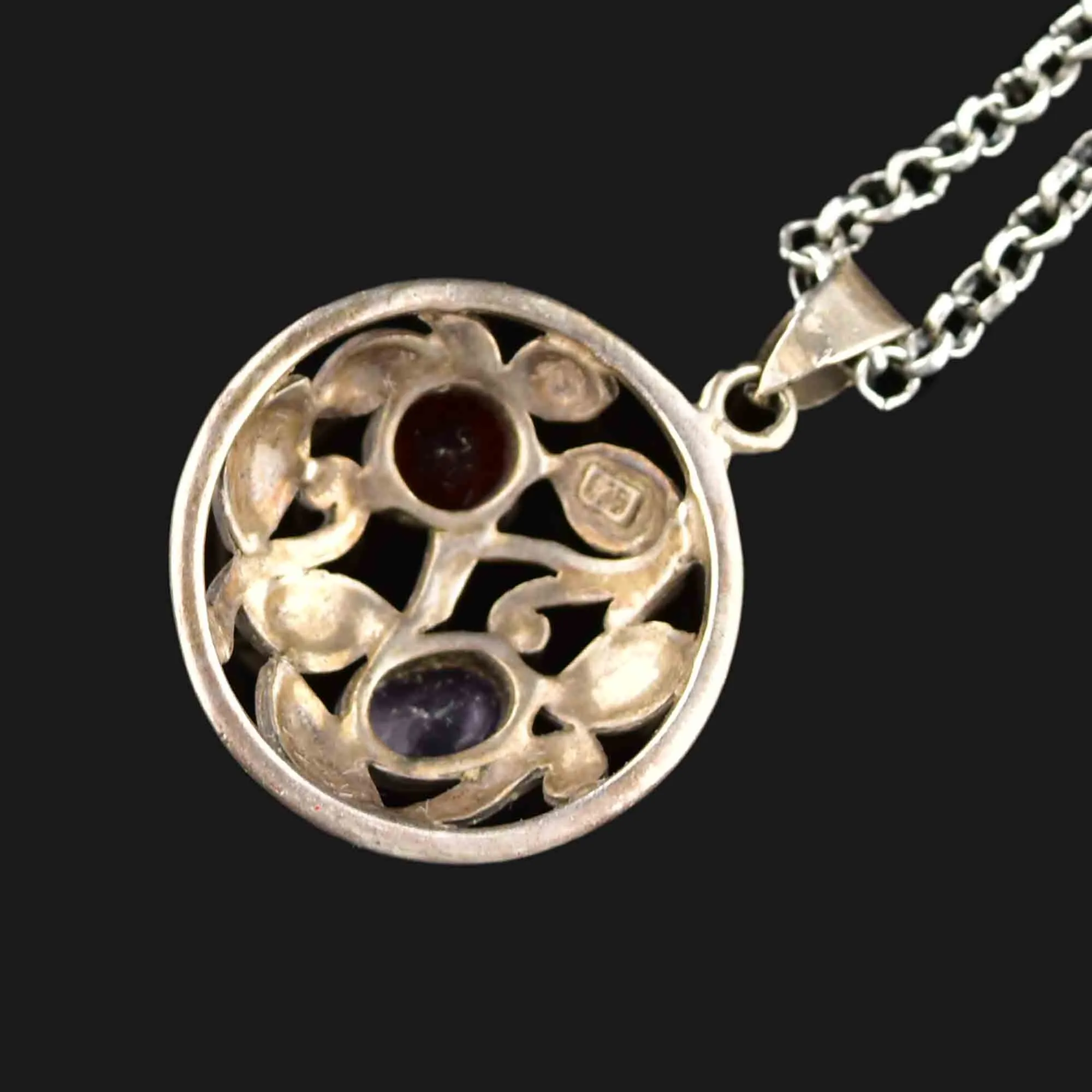 Vintage Silver Floral Amethyst Garnet Pendant Necklace