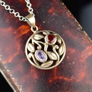 Vintage Silver Floral Amethyst Garnet Pendant Necklace