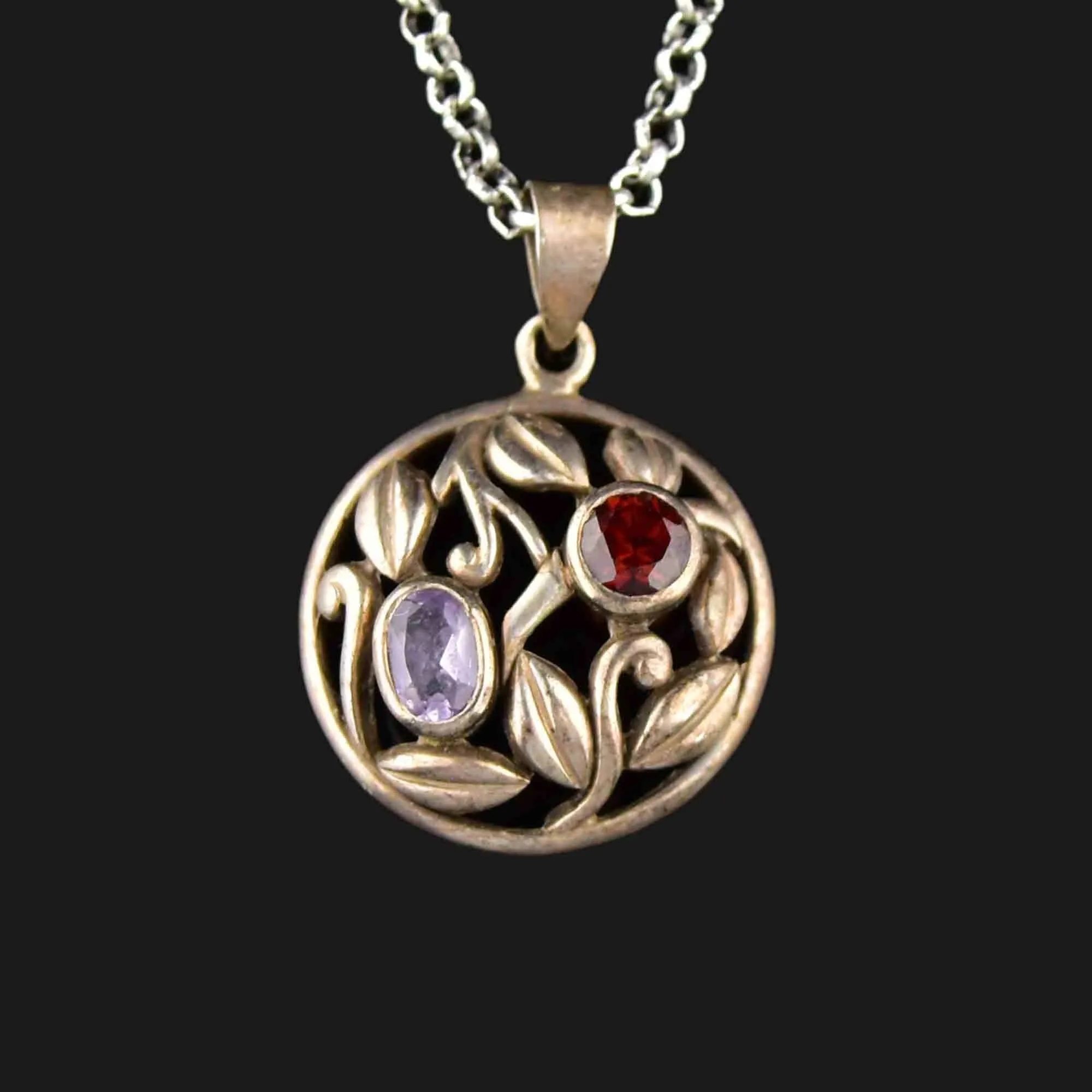 Vintage Silver Floral Amethyst Garnet Pendant Necklace