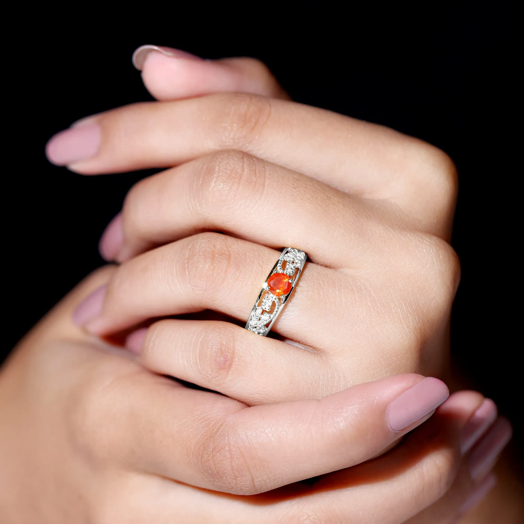 Vintage Style Fire Opal Solitaire Band Ring with Diamond and Beaded Detailing