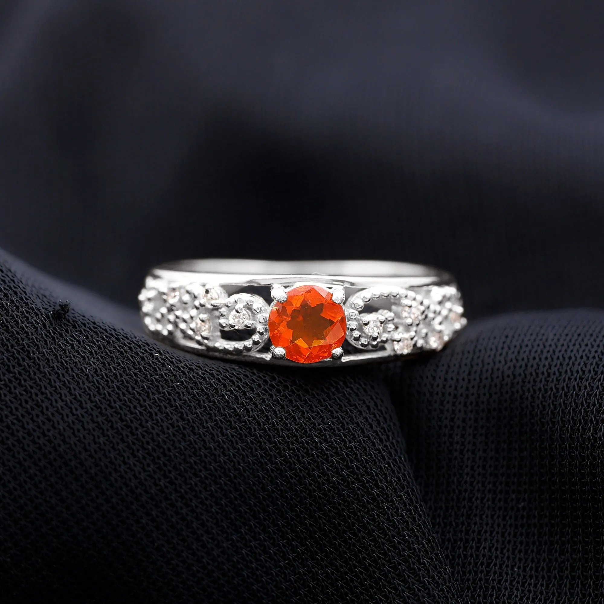 Vintage Style Fire Opal Solitaire Band Ring with Diamond and Beaded Detailing