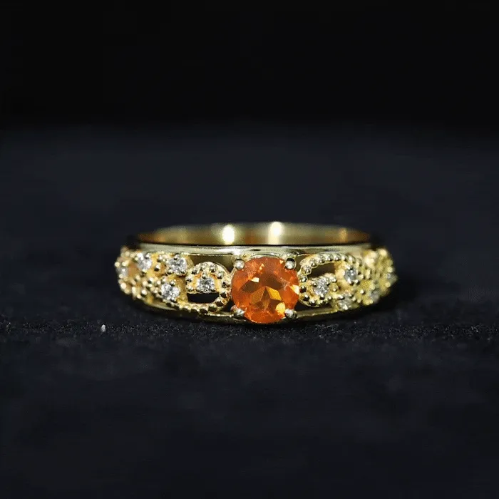 Vintage Style Fire Opal Solitaire Band Ring with Diamond and Beaded Detailing