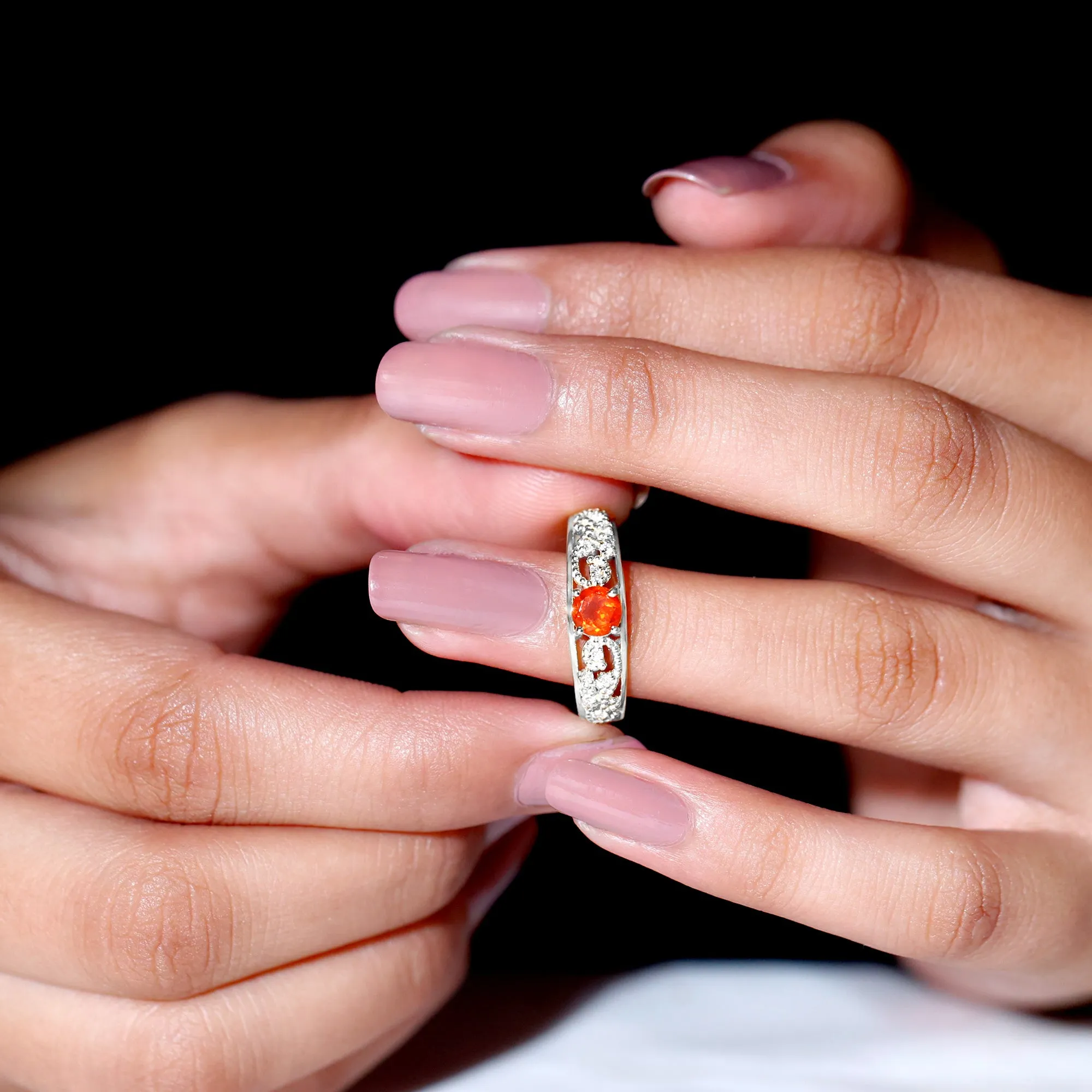 Vintage Style Fire Opal Solitaire Band Ring with Diamond and Beaded Detailing