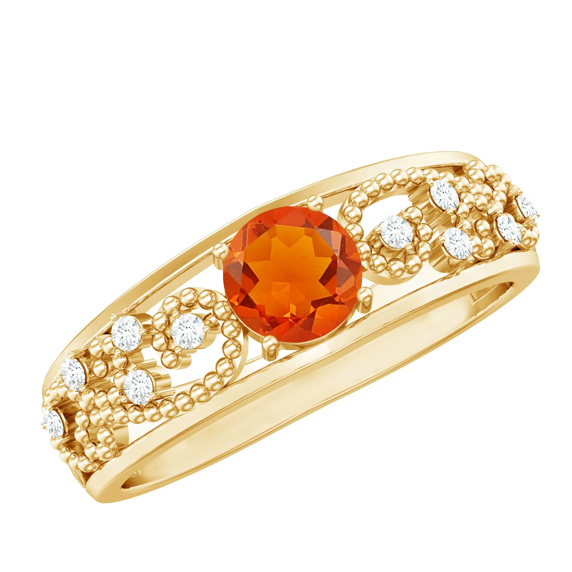 Vintage Style Fire Opal Solitaire Band Ring with Diamond and Beaded Detailing