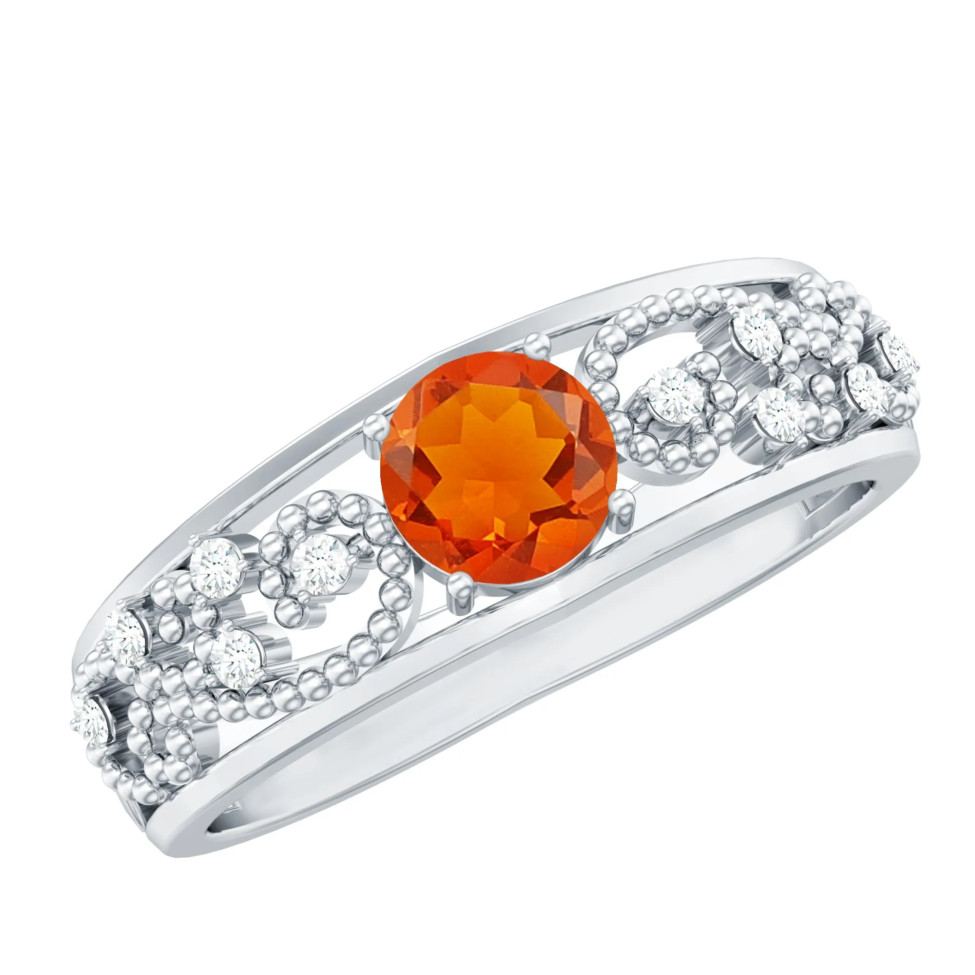 Vintage Style Fire Opal Solitaire Band Ring with Diamond and Beaded Detailing