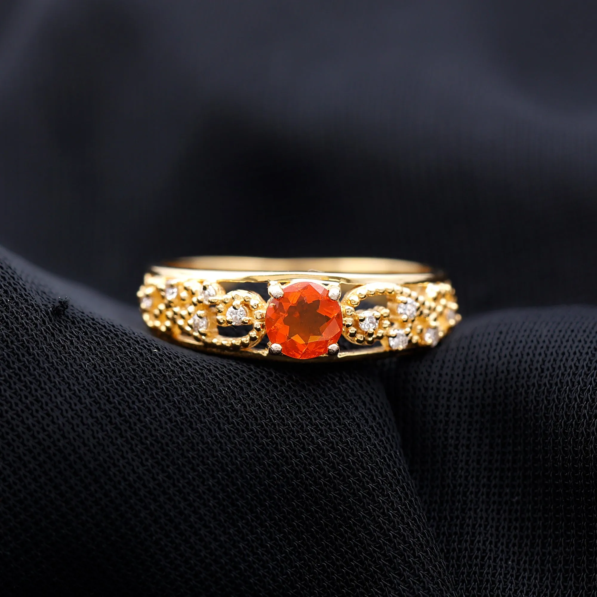 Vintage Style Fire Opal Solitaire Band Ring with Diamond and Beaded Detailing