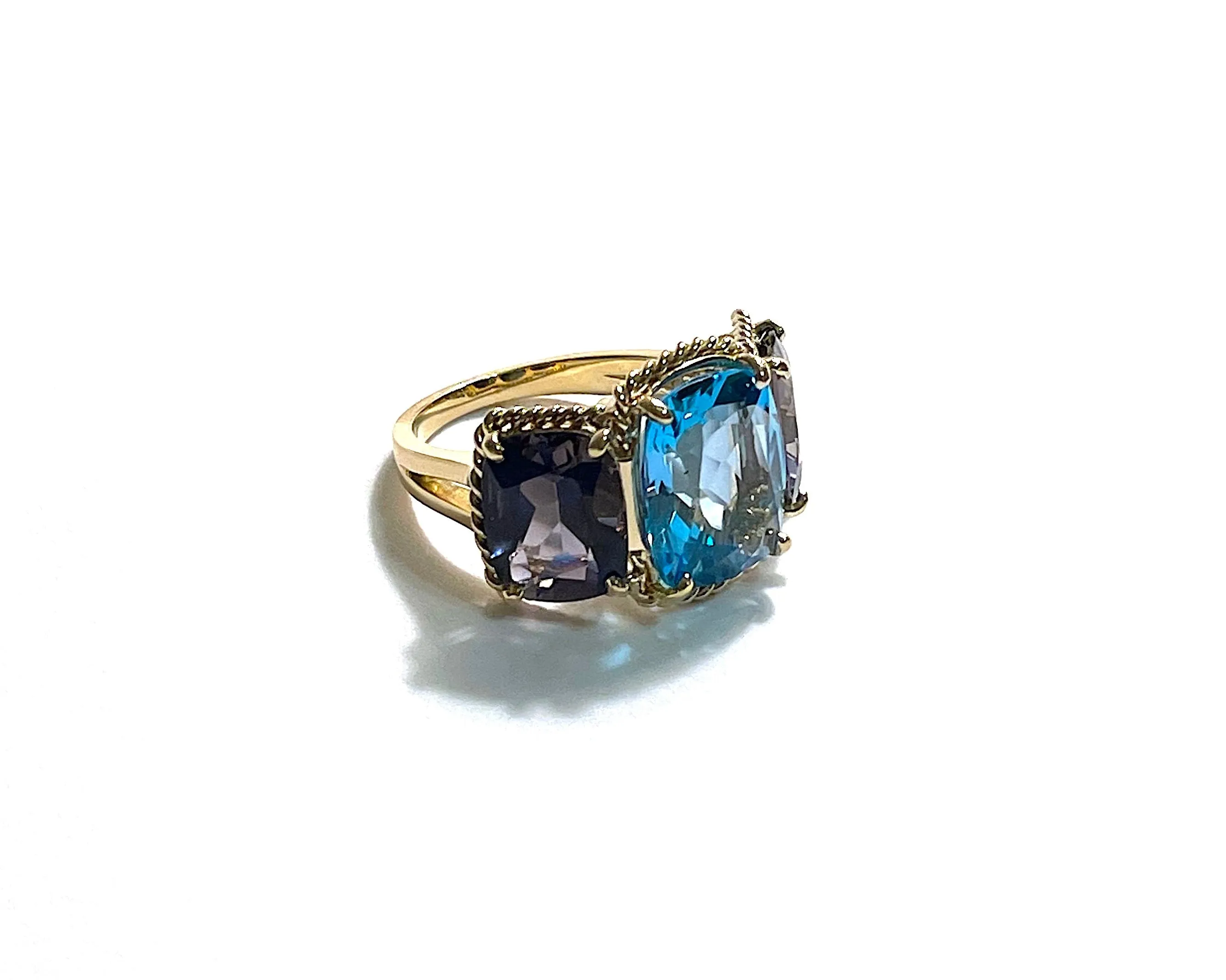 White Gold Blue Topaz and Iolite Three Stone Ring with Rope Twist Border