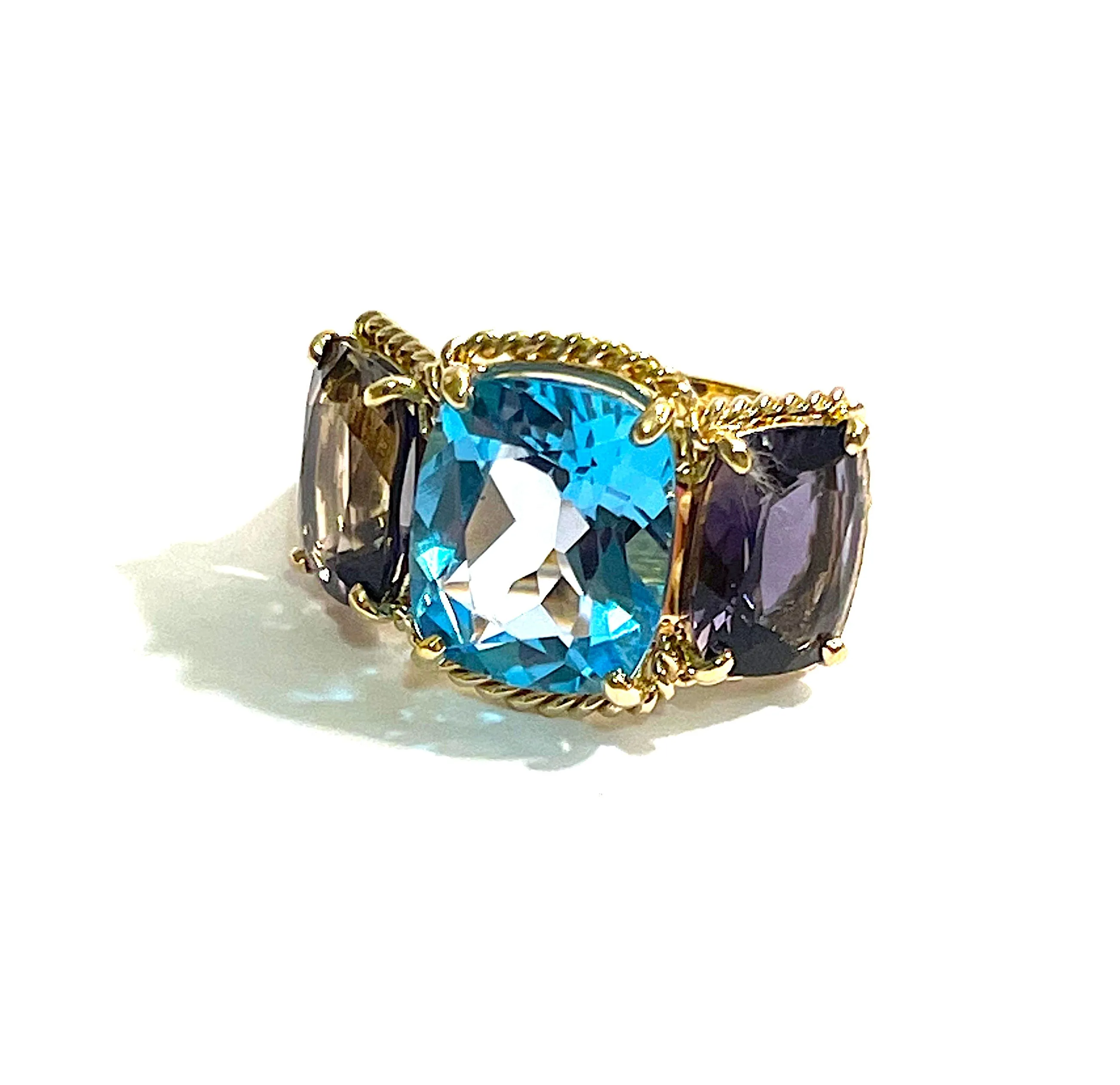 White Gold Blue Topaz and Iolite Three Stone Ring with Rope Twist Border