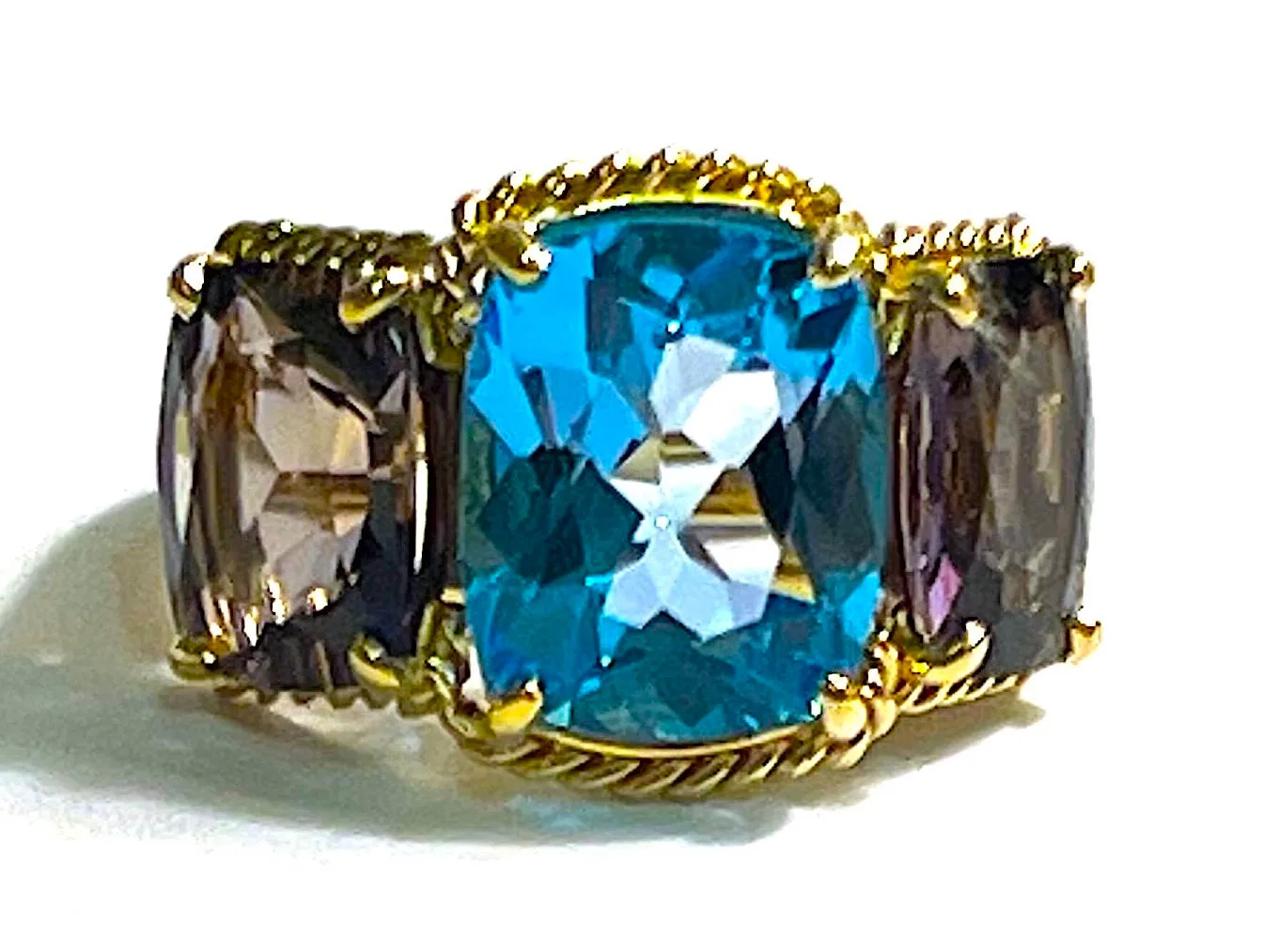 White Gold Blue Topaz and Iolite Three Stone Ring with Rope Twist Border