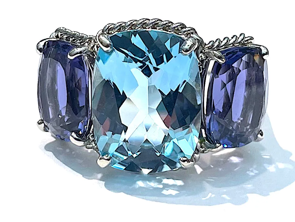 White Gold Blue Topaz and Iolite Three Stone Ring with Rope Twist Border