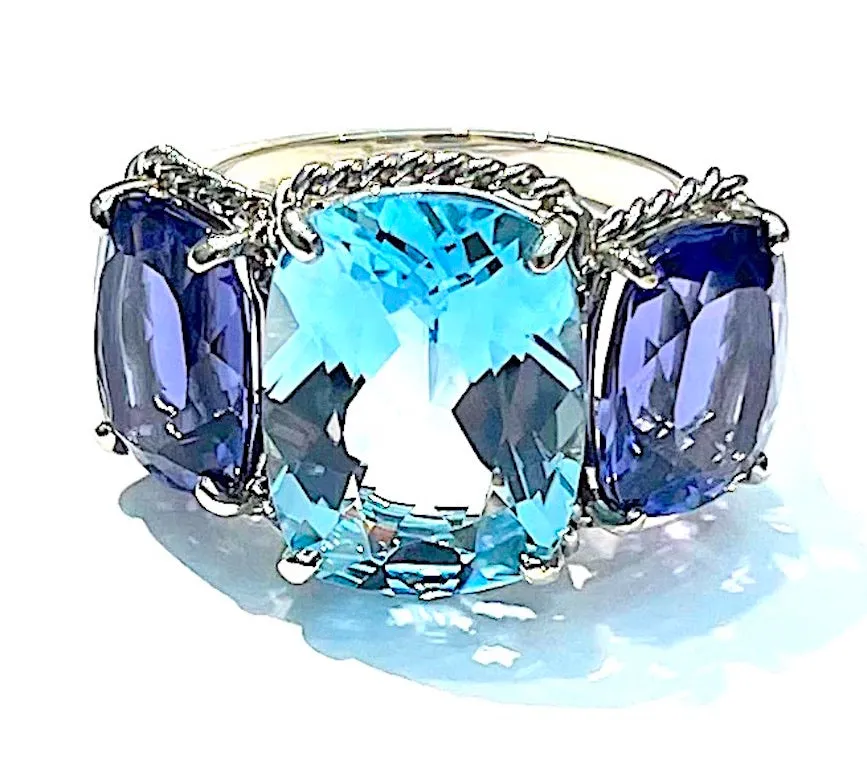 White Gold Blue Topaz and Iolite Three Stone Ring with Rope Twist Border