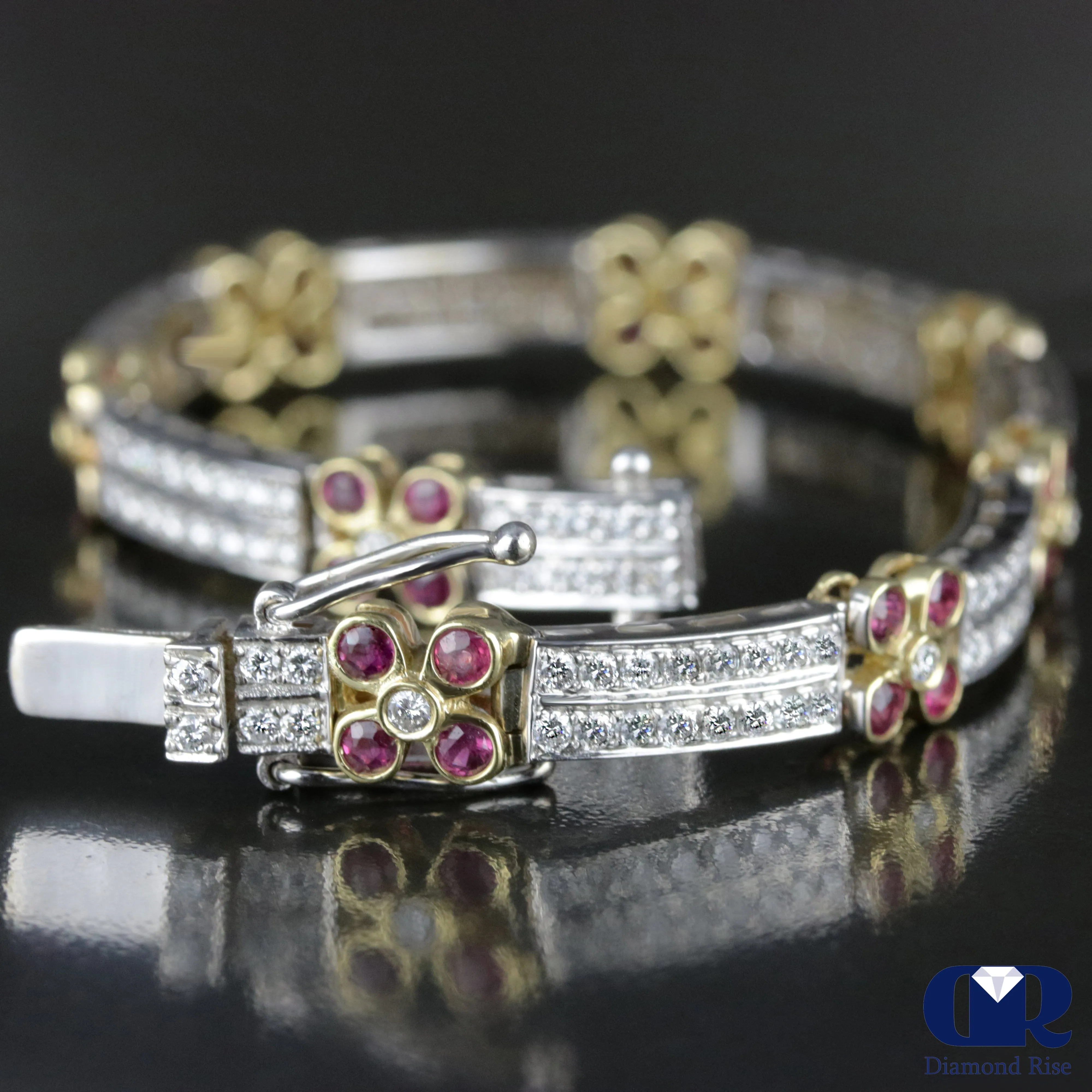 Women's 4.92 Carat Diamond & Ruby Tennis Bracelet In 14k White & Yellow Gold