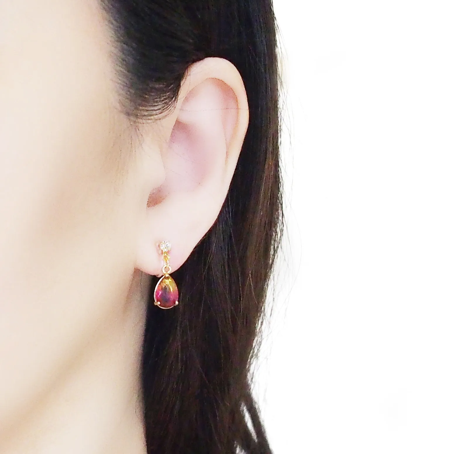 Yellow & Pink Teardrop Crystal Invisible Clip On Earrings