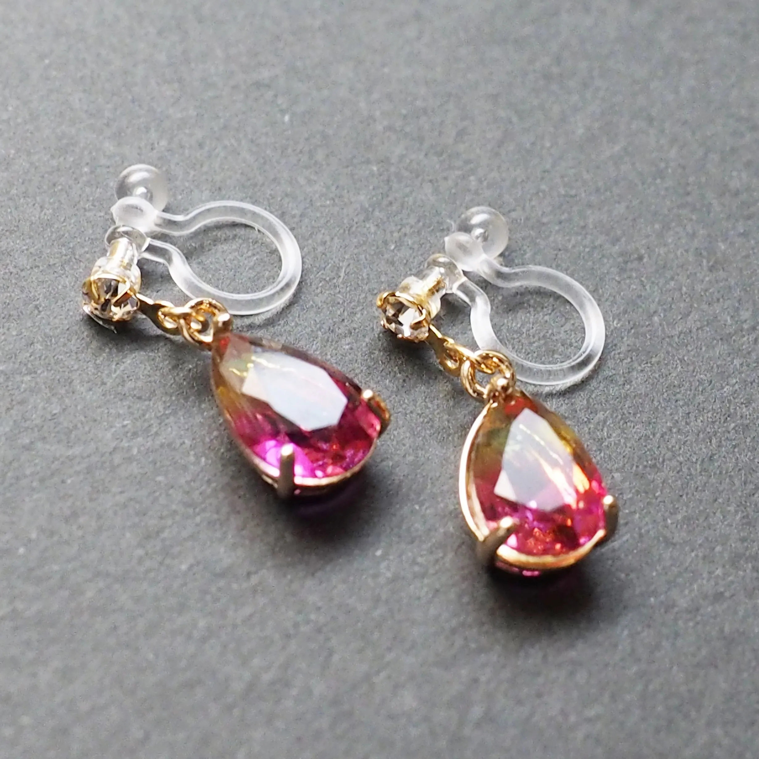 Yellow & Pink Teardrop Crystal Invisible Clip On Earrings