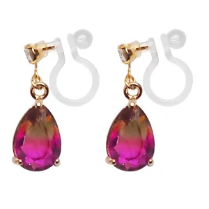 Yellow & Pink Teardrop Crystal Invisible Clip On Earrings